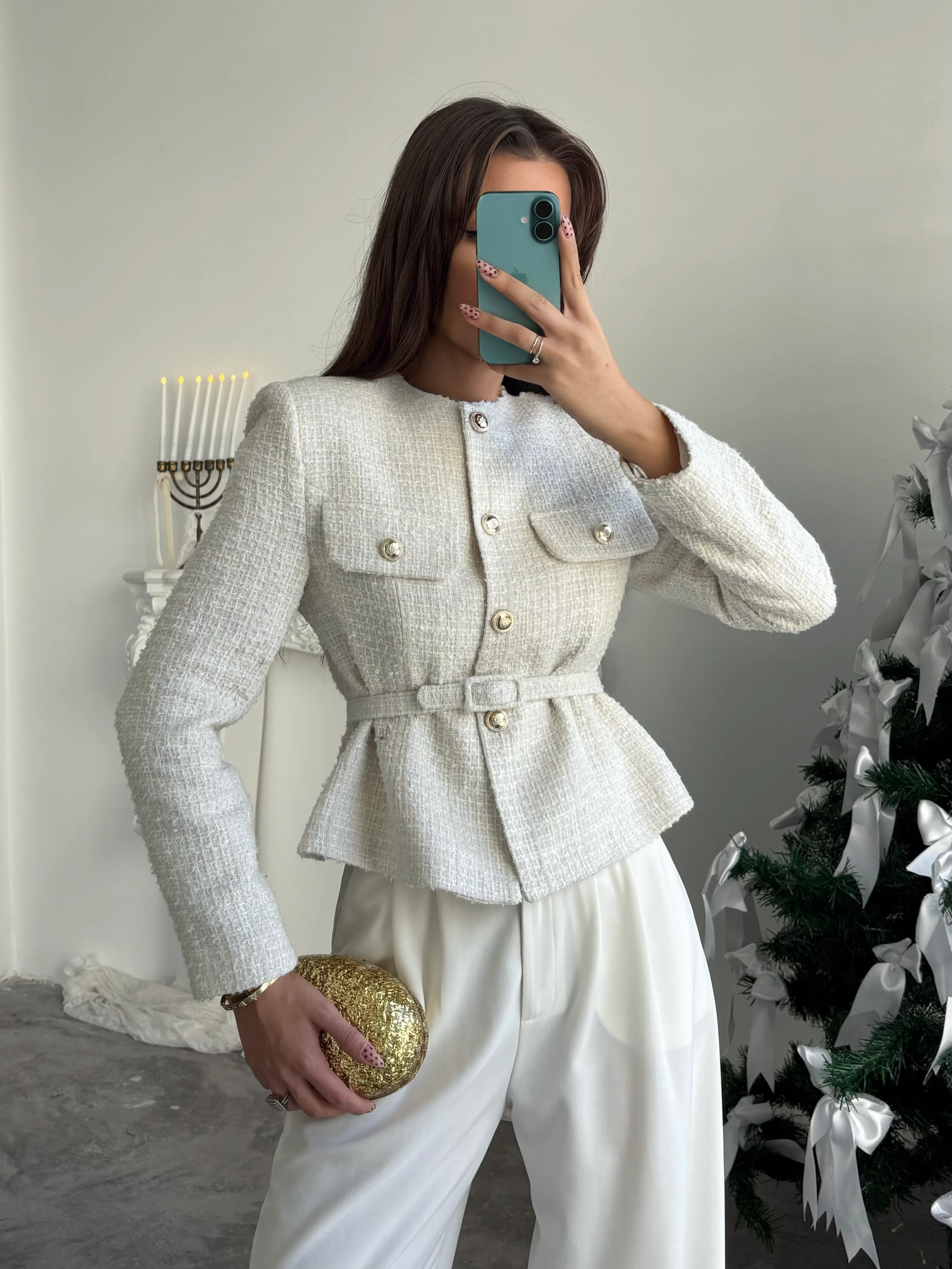 Kemer Detaylı Düğmeli Ceket - Ekru