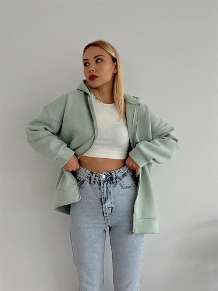 3 İplik Kapüşonlu Fermuarlı Sweatshirt Mint