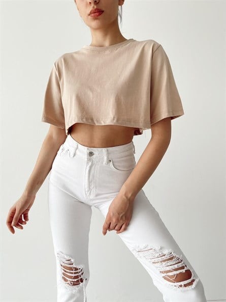 Bisiklet Yaka Croptop Bej