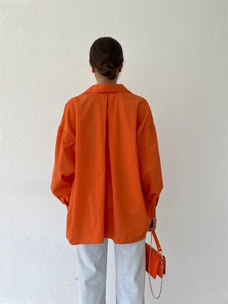 Balon Kol Oversize Poplin Gömlek Turuncu