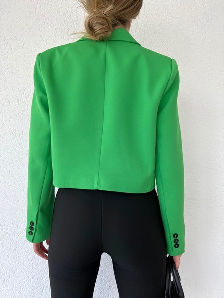 Düğmeli Kruvaze Crop Blazer Ceket Yeşil