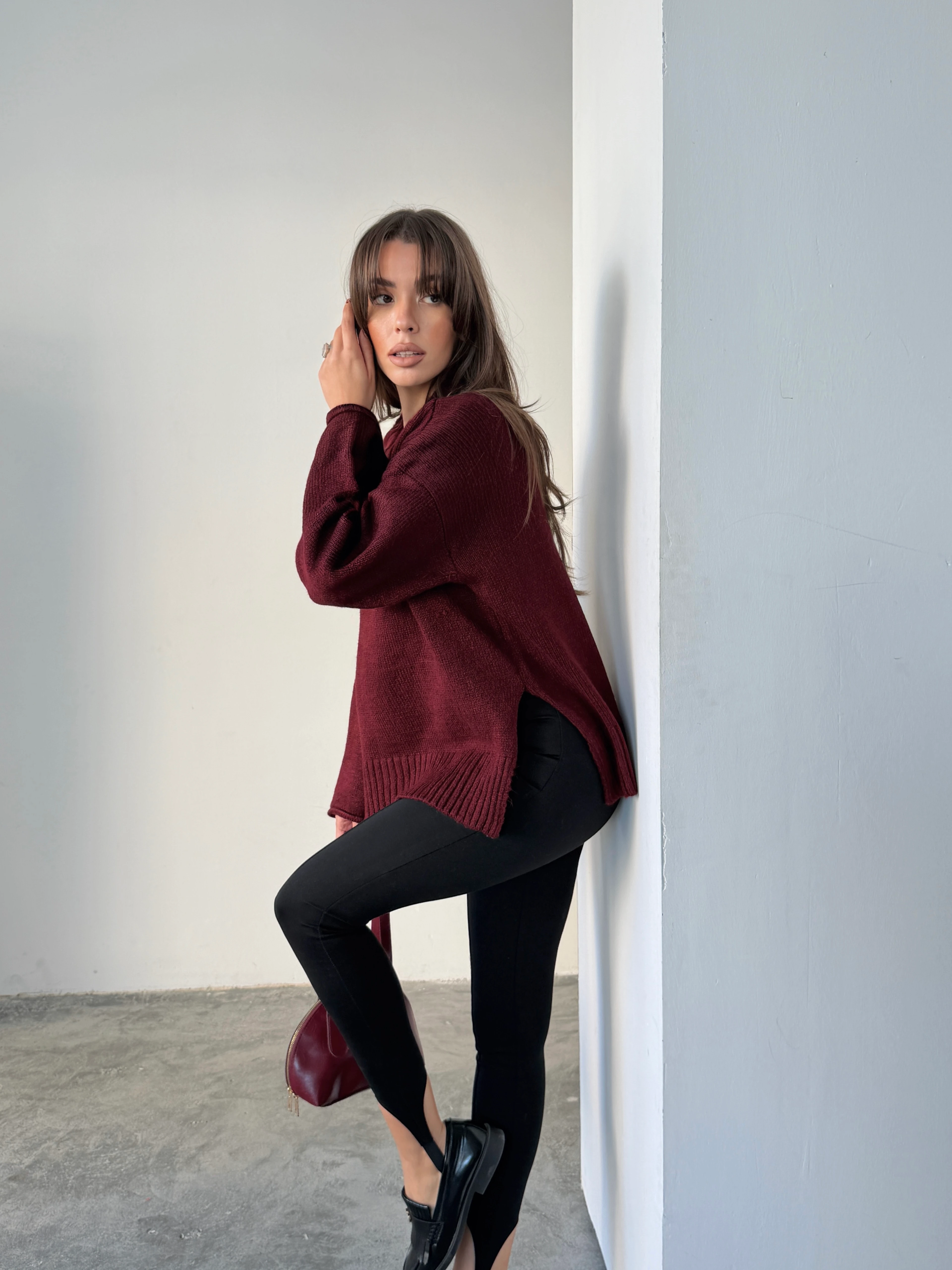 Yırtmaçlı Basic Triko  - Bordo