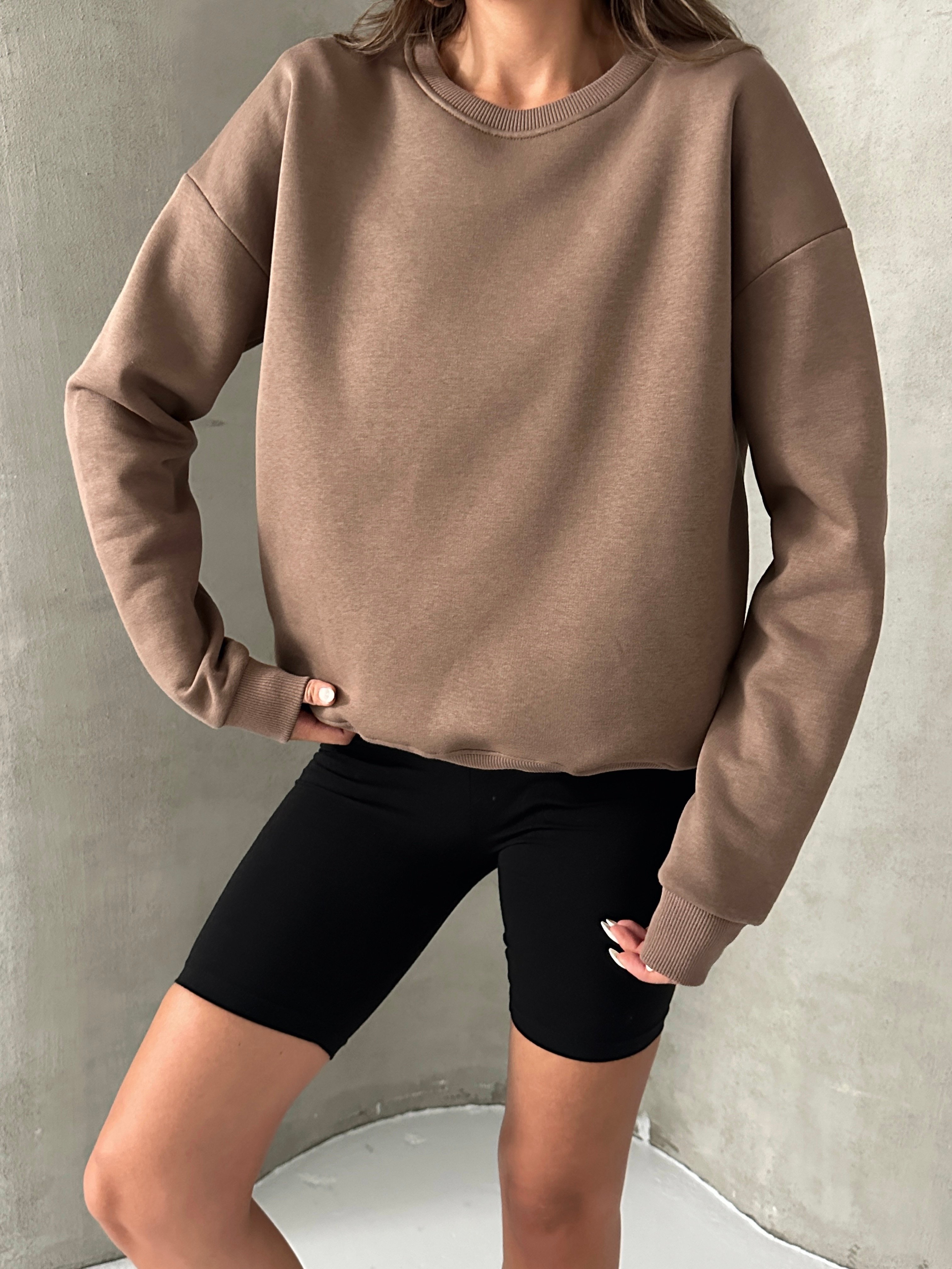 Düz Basic Sweatshırt - Kahve