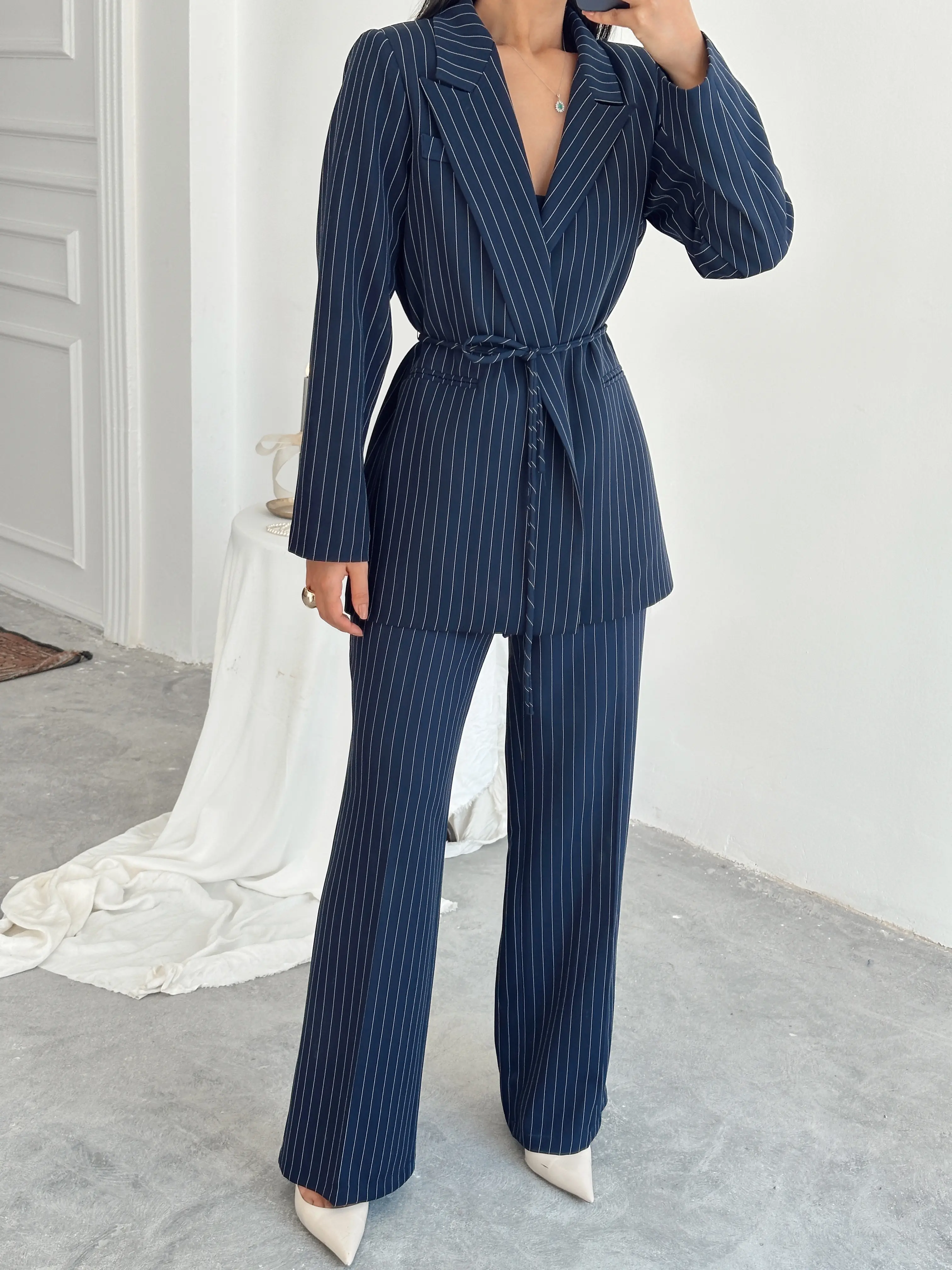 Bel Bağlama Line Blazer Ceket - Lacivert