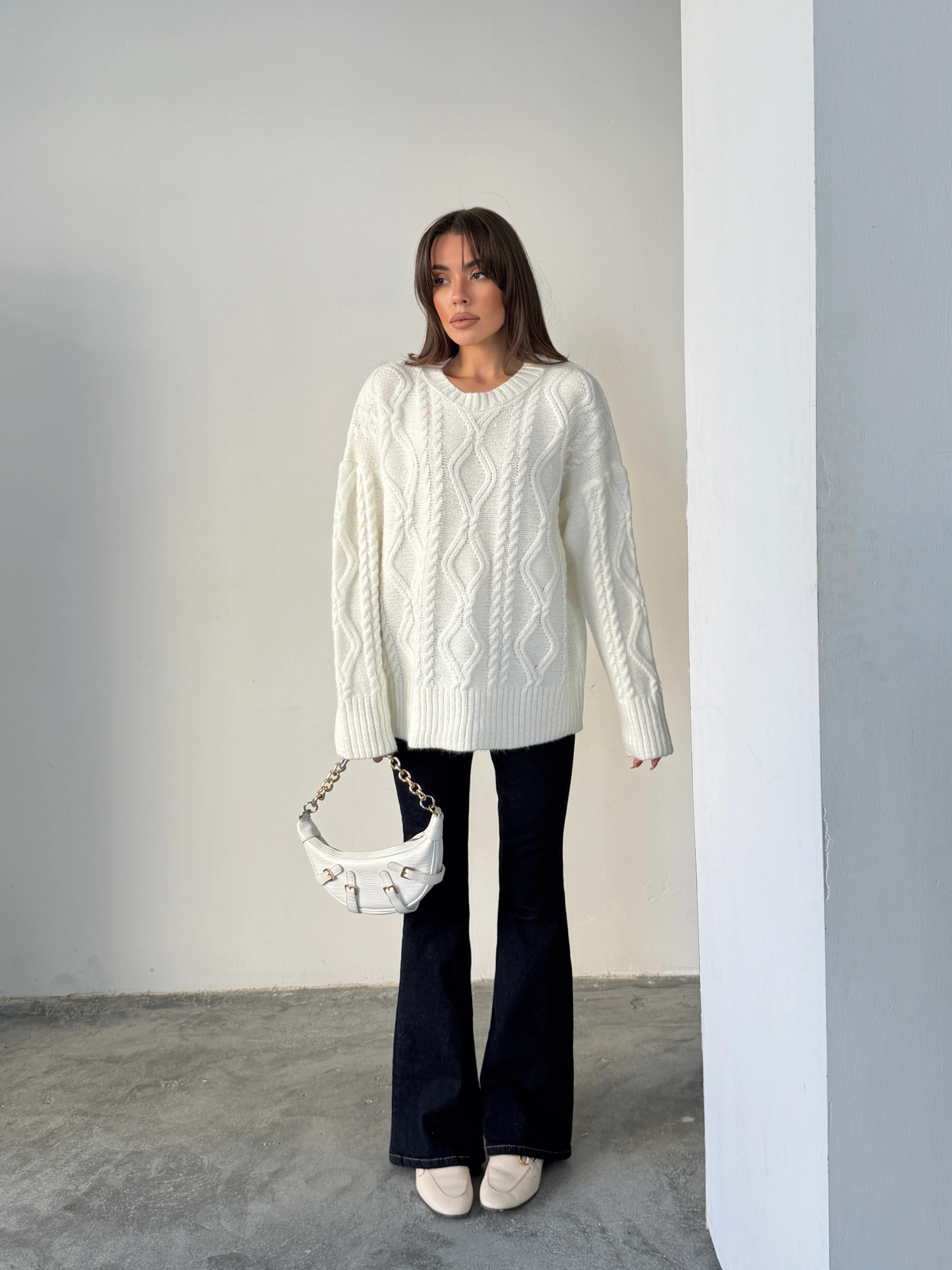 Saç Örgü Desenli Yıkamalı Triko - Ekru