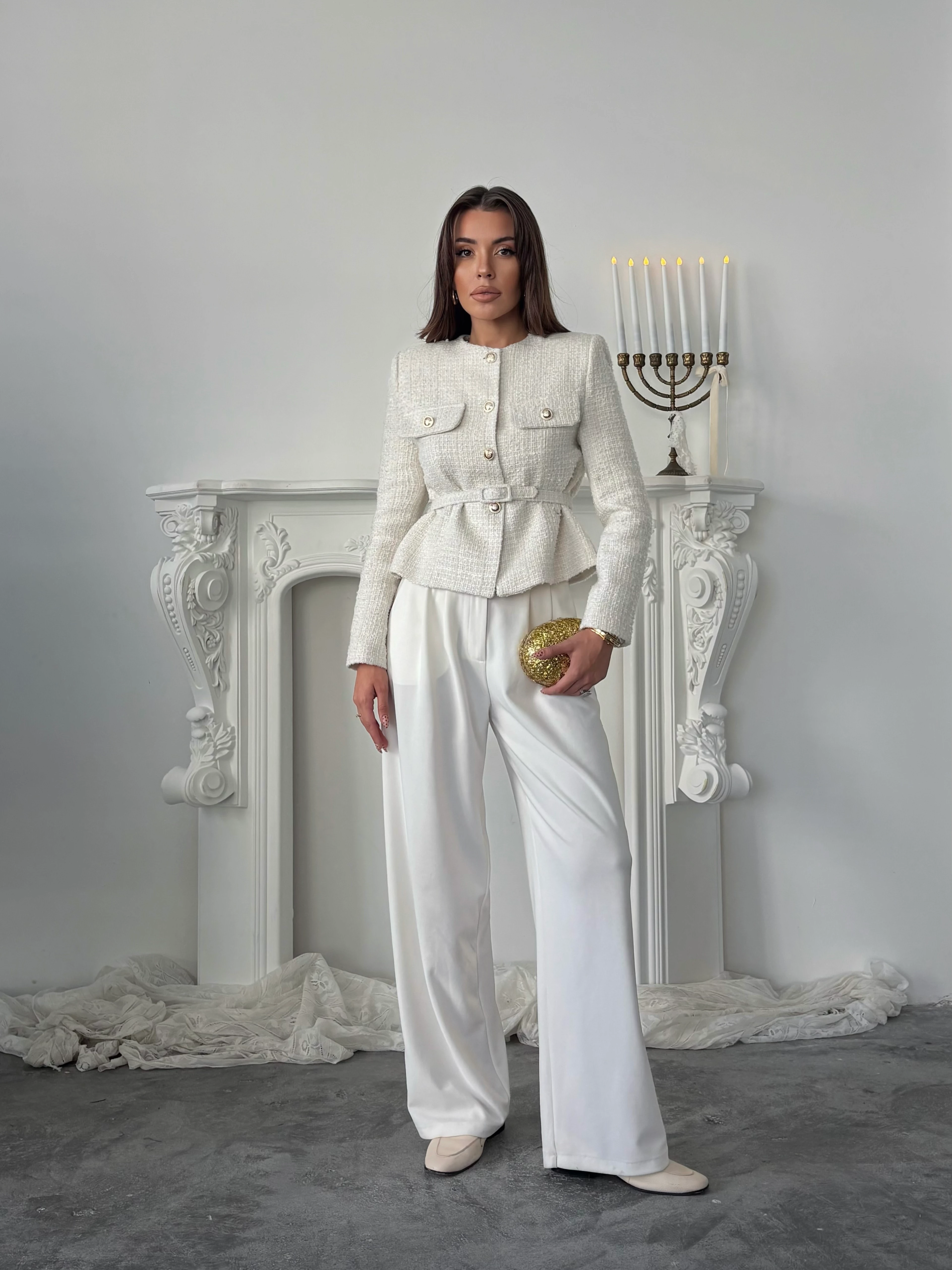 Kemer Detaylı Düğmeli Ceket - Ekru