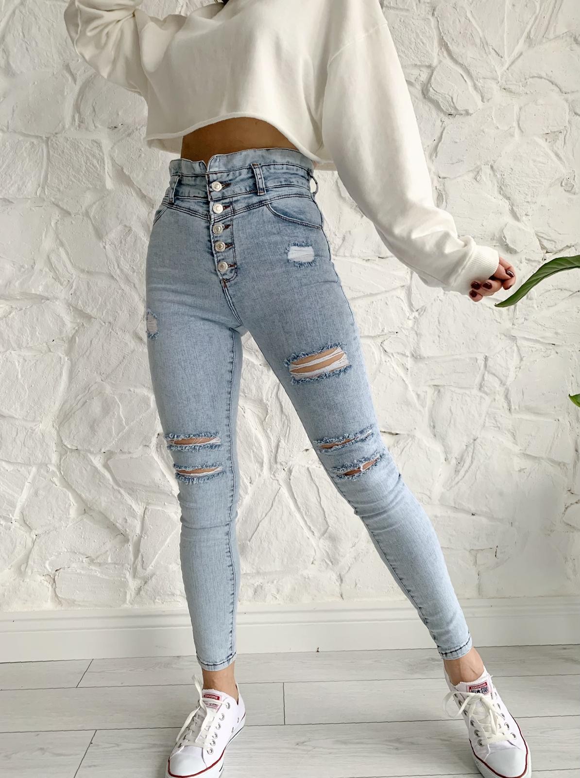 Multi Düğme Yırtık Skinny Jean Buz Mavi