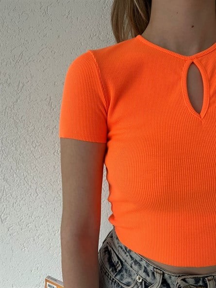 Boyun Dekolte Fitilli Basic Neon Turuncu