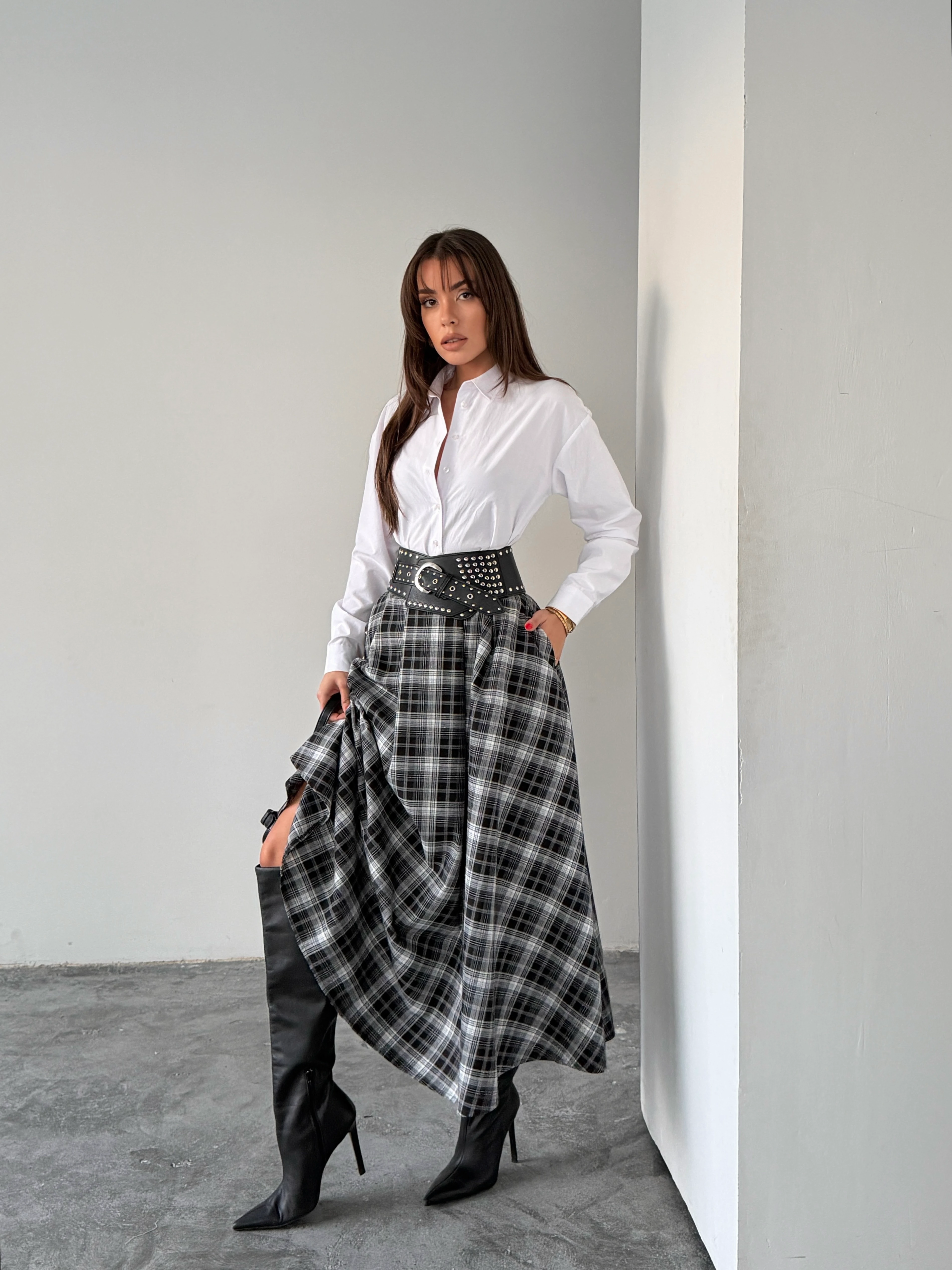 Pile Detaylı Ekose Kloş Etek