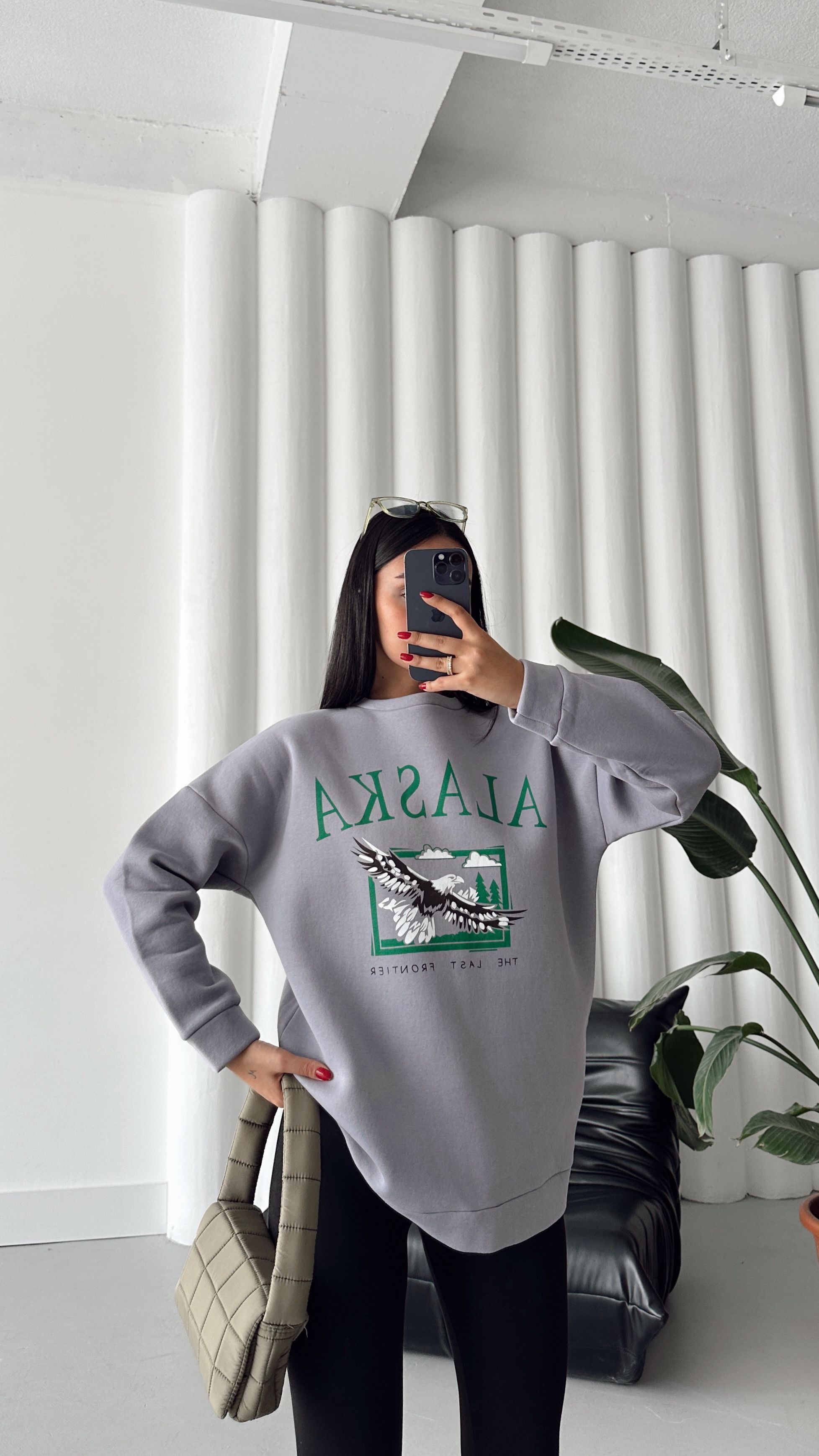 Alaska Üç İplik Şardonlu Oversize Sweat Gri