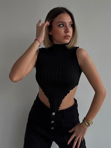 Bel Detay Balıkçı Crop Siyah