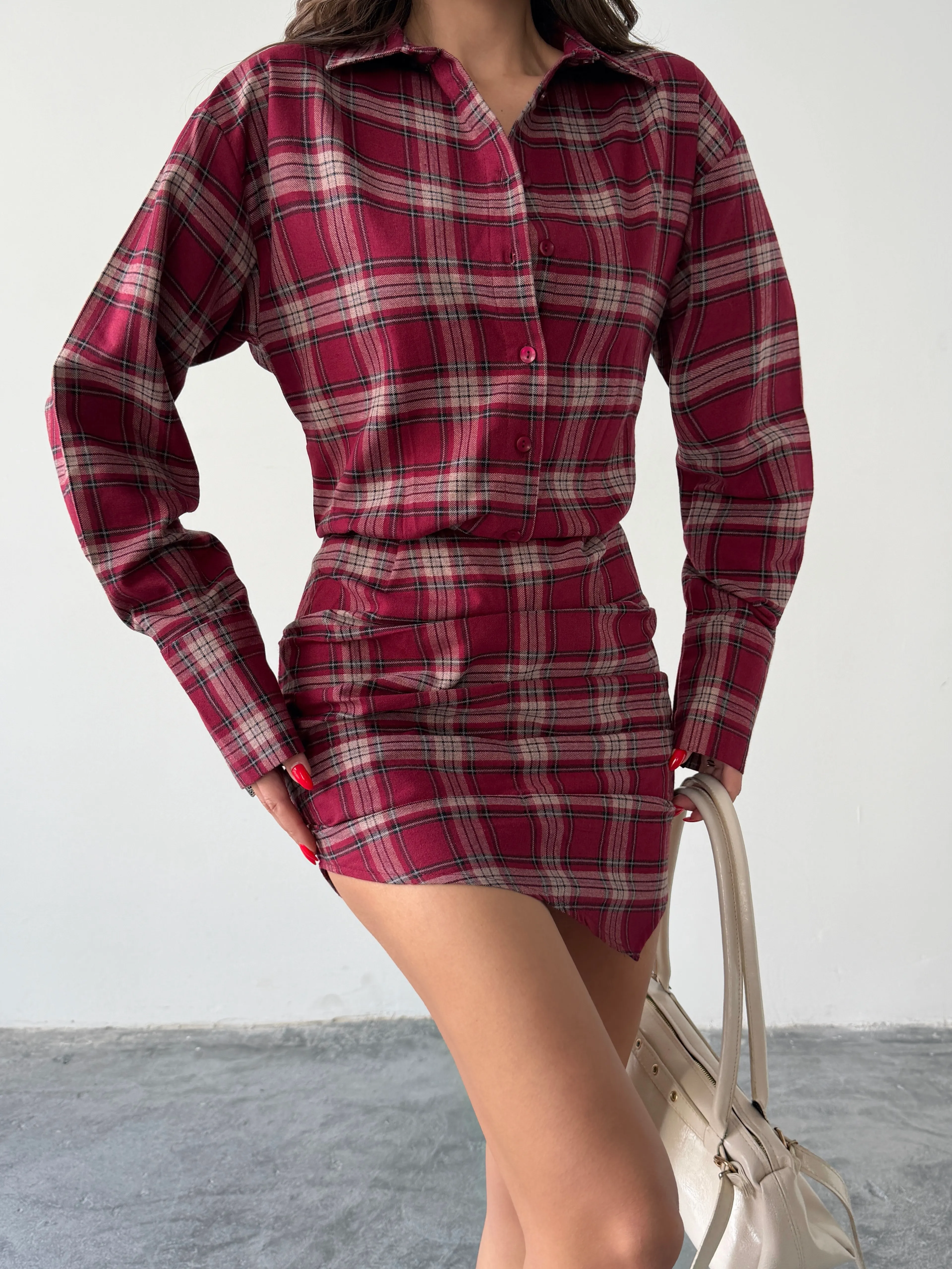 Ekose Gömlek Elbise  - Bordo