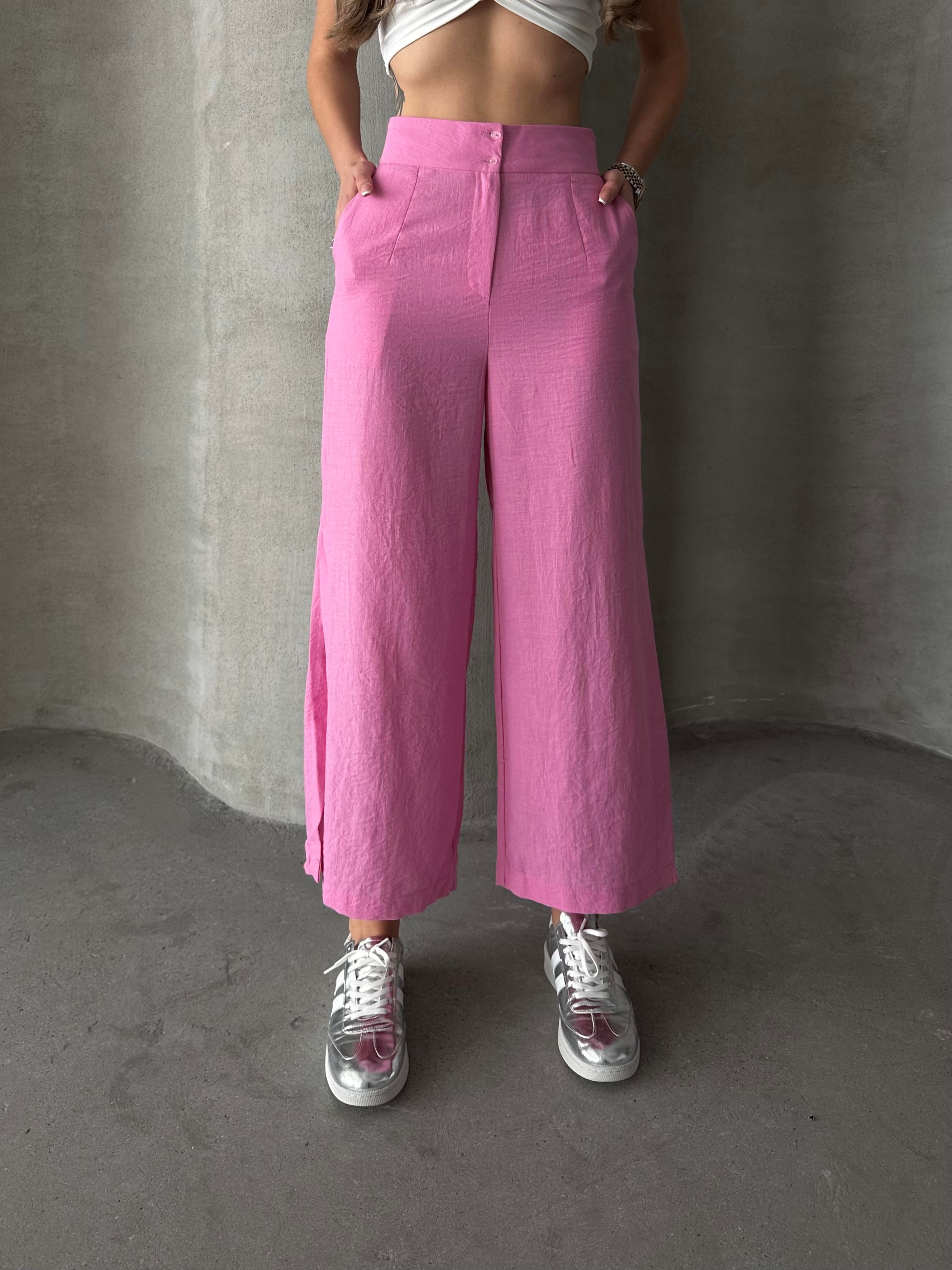 Ham Keten Paça Yırtmaçlı Pantolon Pembe