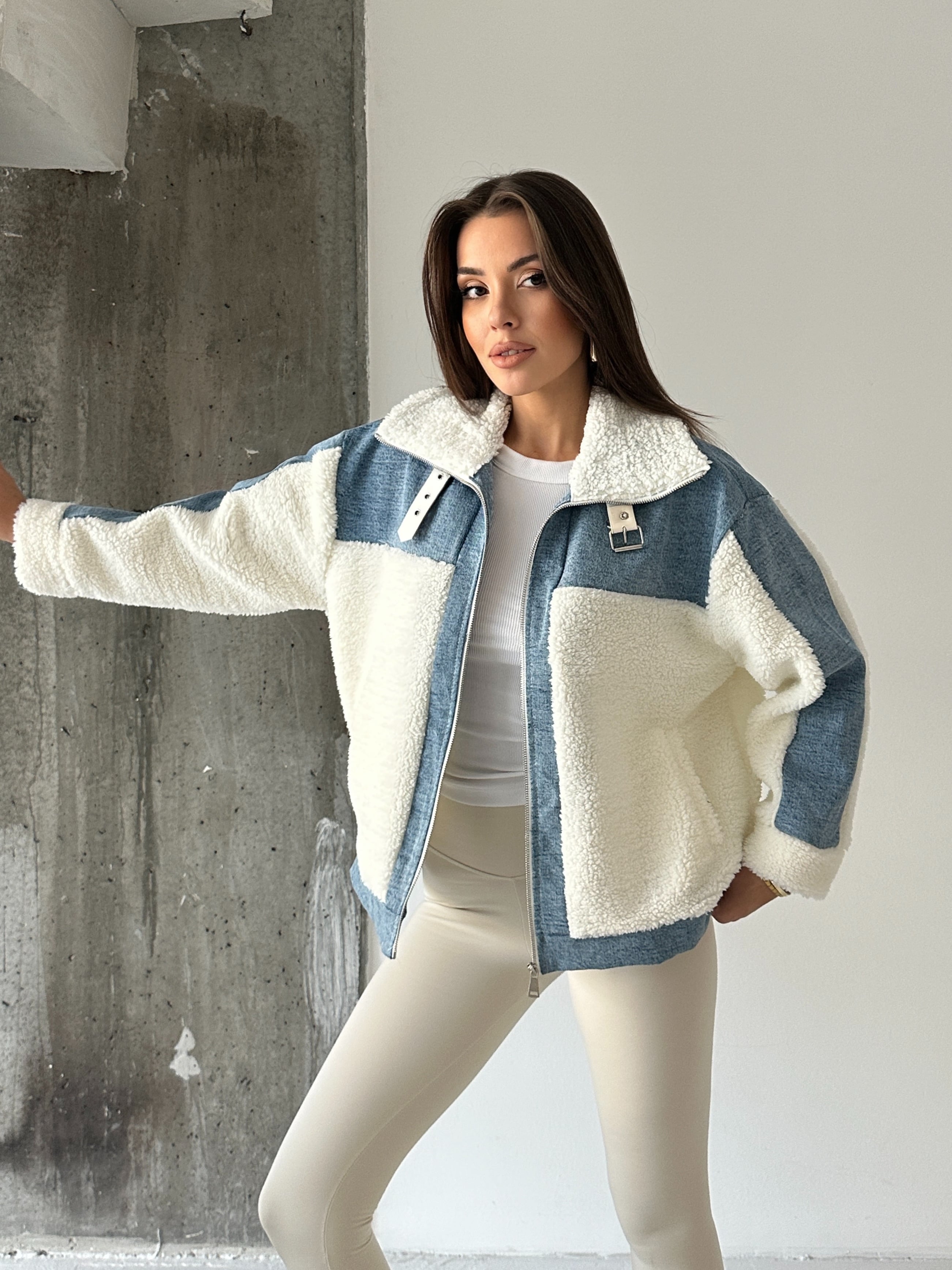 Denim Detaylı Peluş Mont
