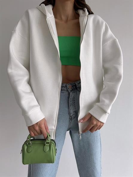 3 İplik Kapüşonlu Fermuarlı Sweatshirt Beyaz
