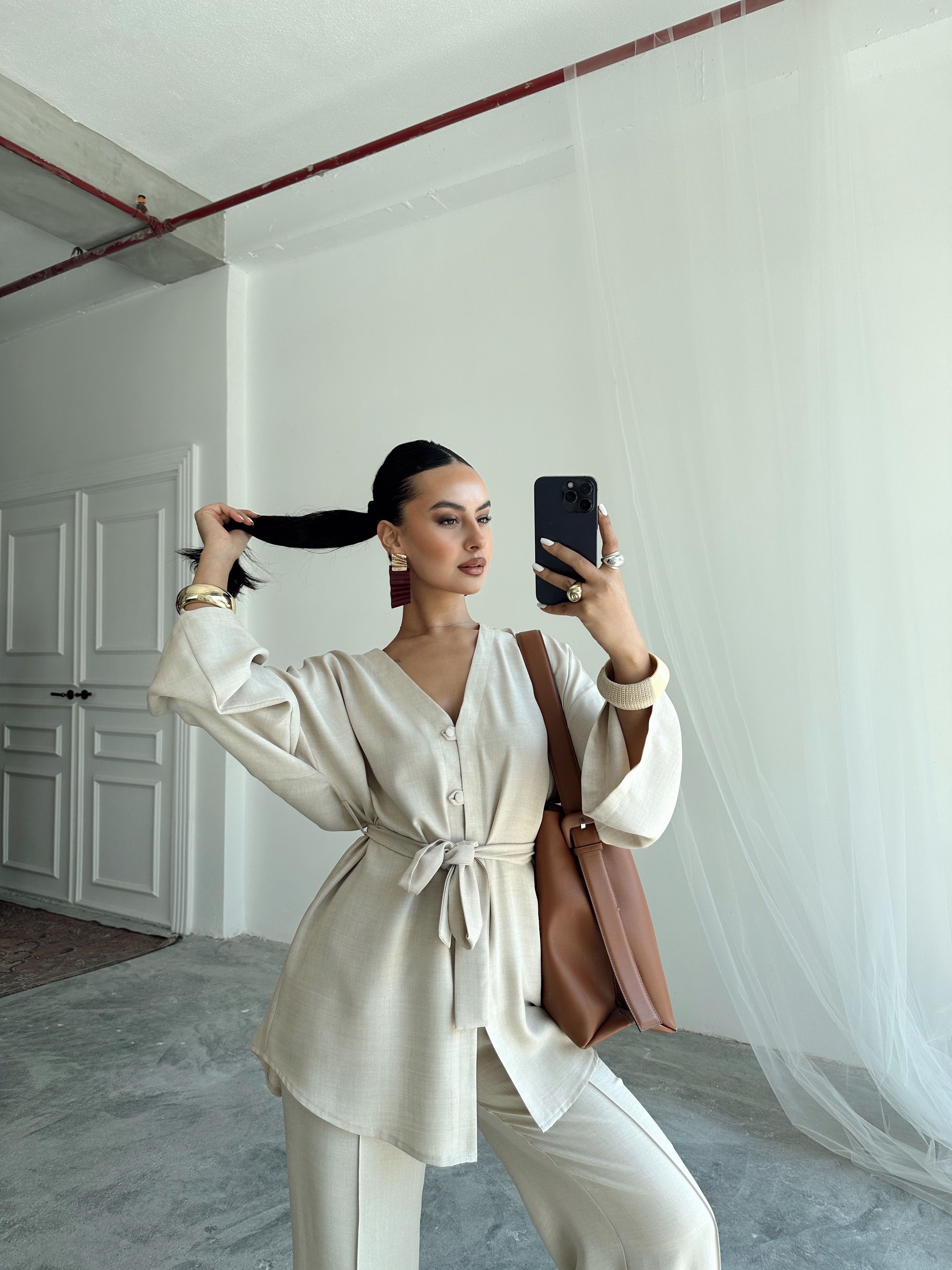 Düğme Detay Kuşaklı Kimono Takım - Krem