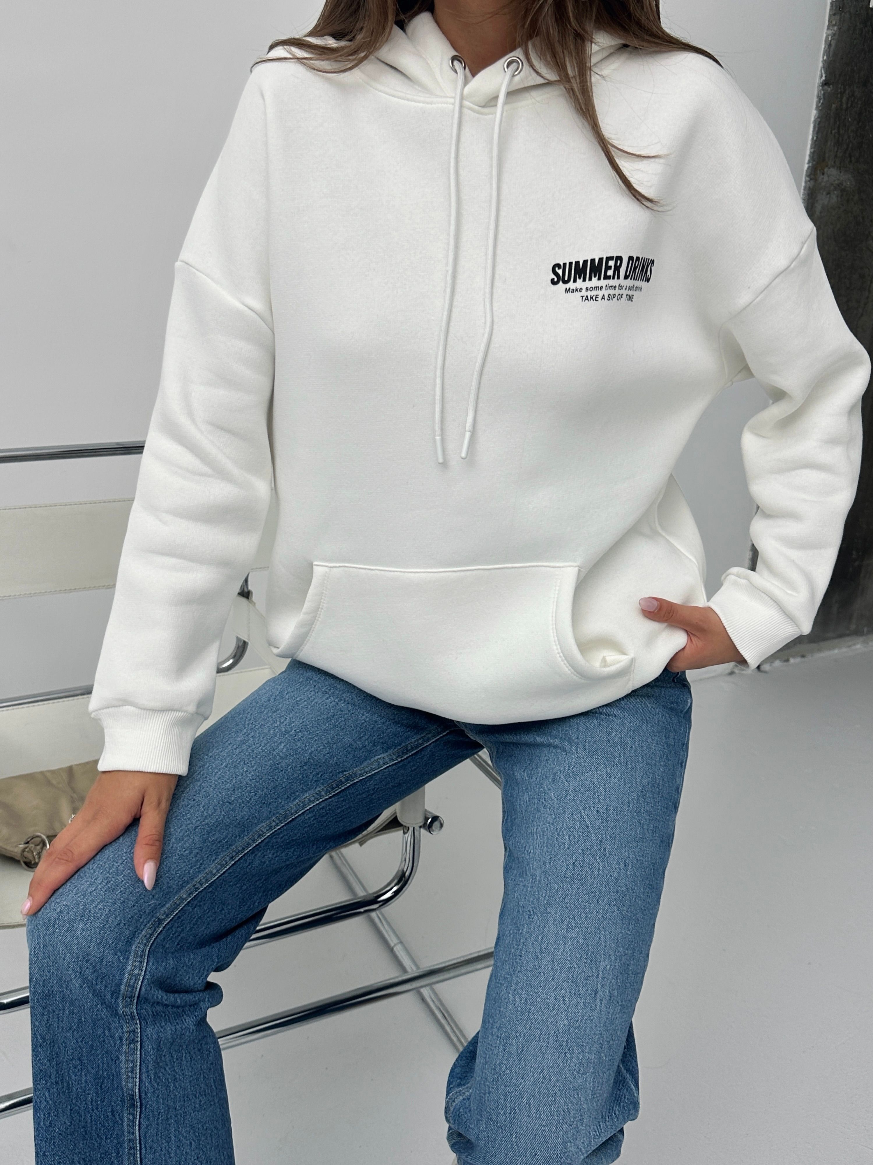 Baskılı Kapüşonlu Oversize Sweat - Beyaz