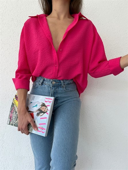 Yarasa Kol Oversize Gofre Gömlek Fuşya