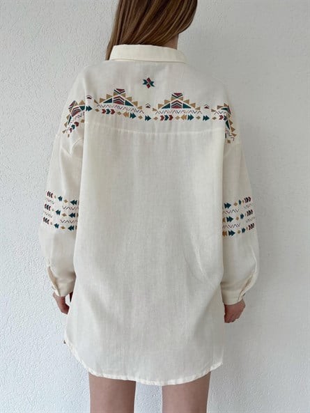 Etnik Nakışlı Oversize Gömlek Ekru