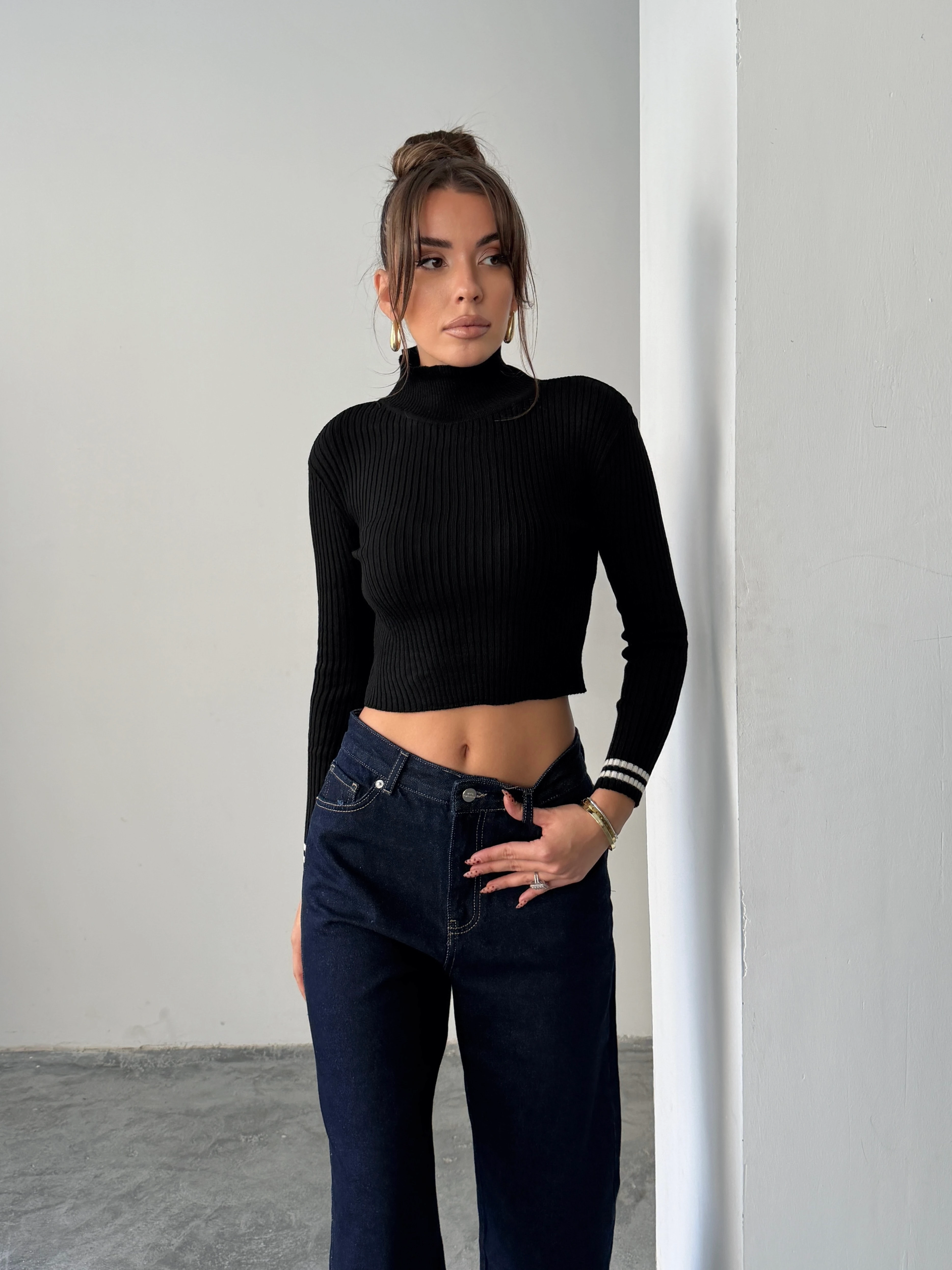 Balıkçı Crop Triko  - siyah çizgili