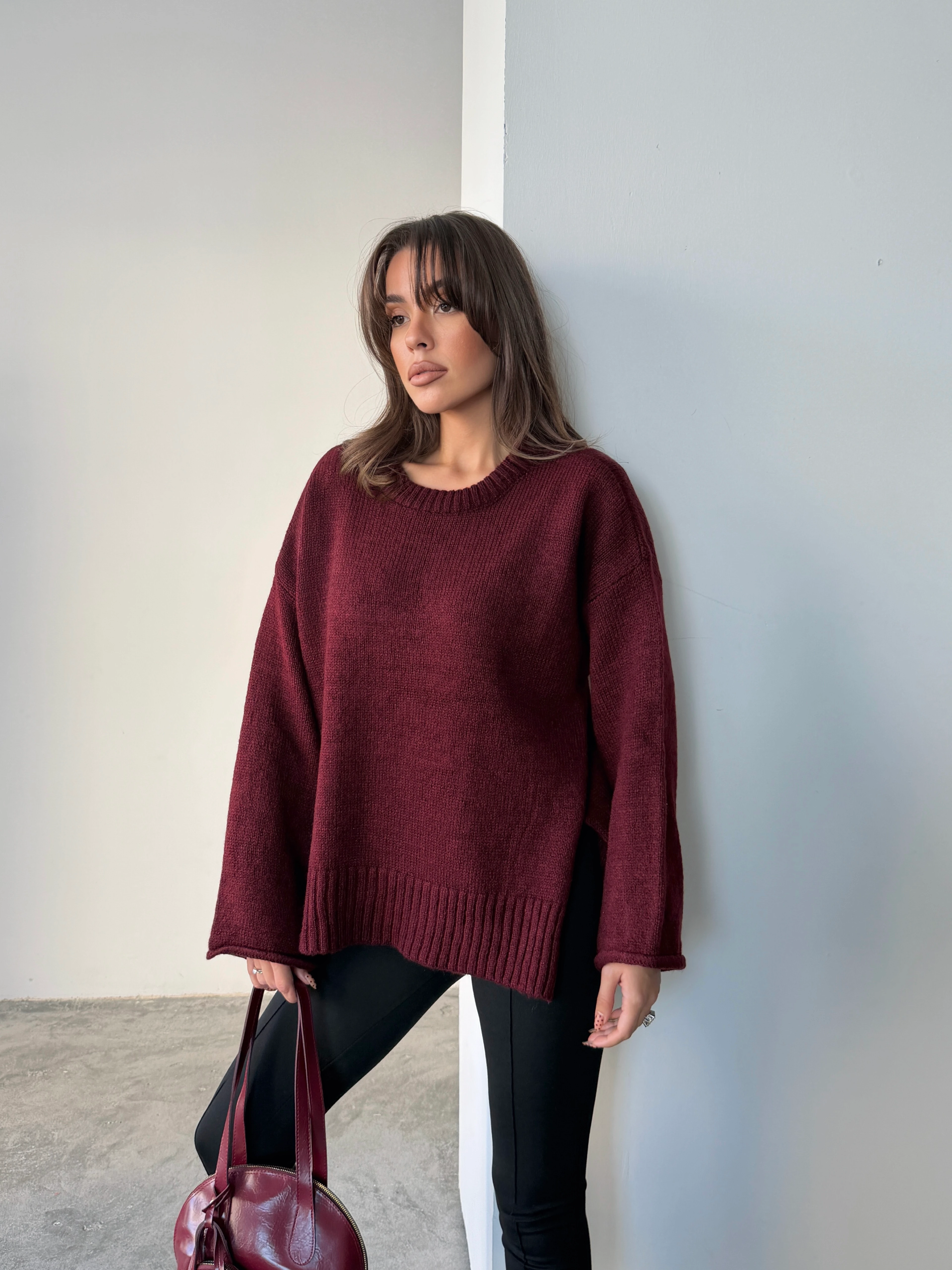 Yırtmaçlı Basic Triko  - Bordo