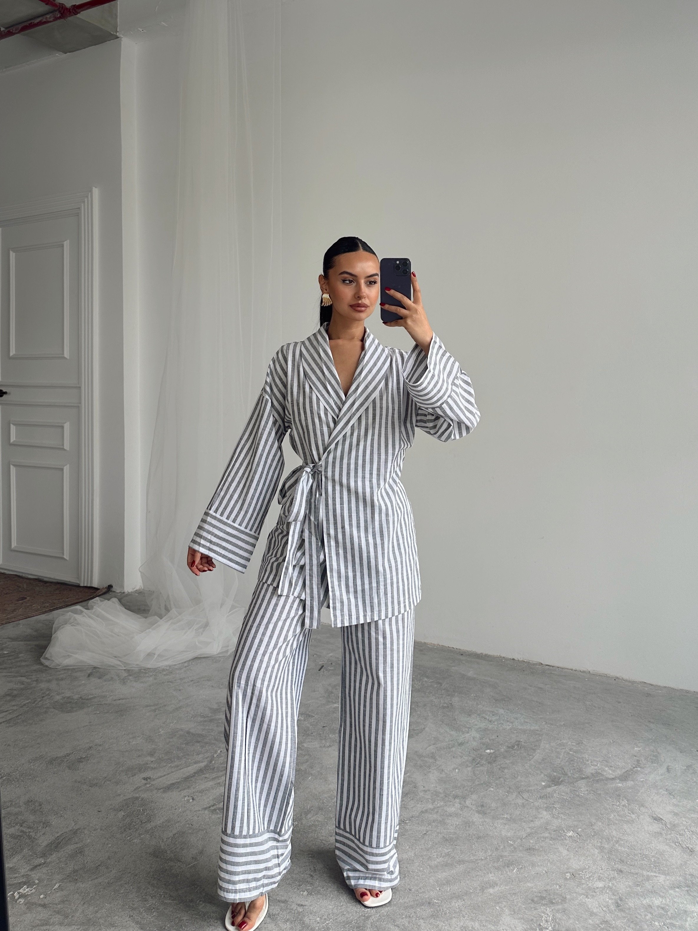 Çizgili Kimono Takım  - Gri