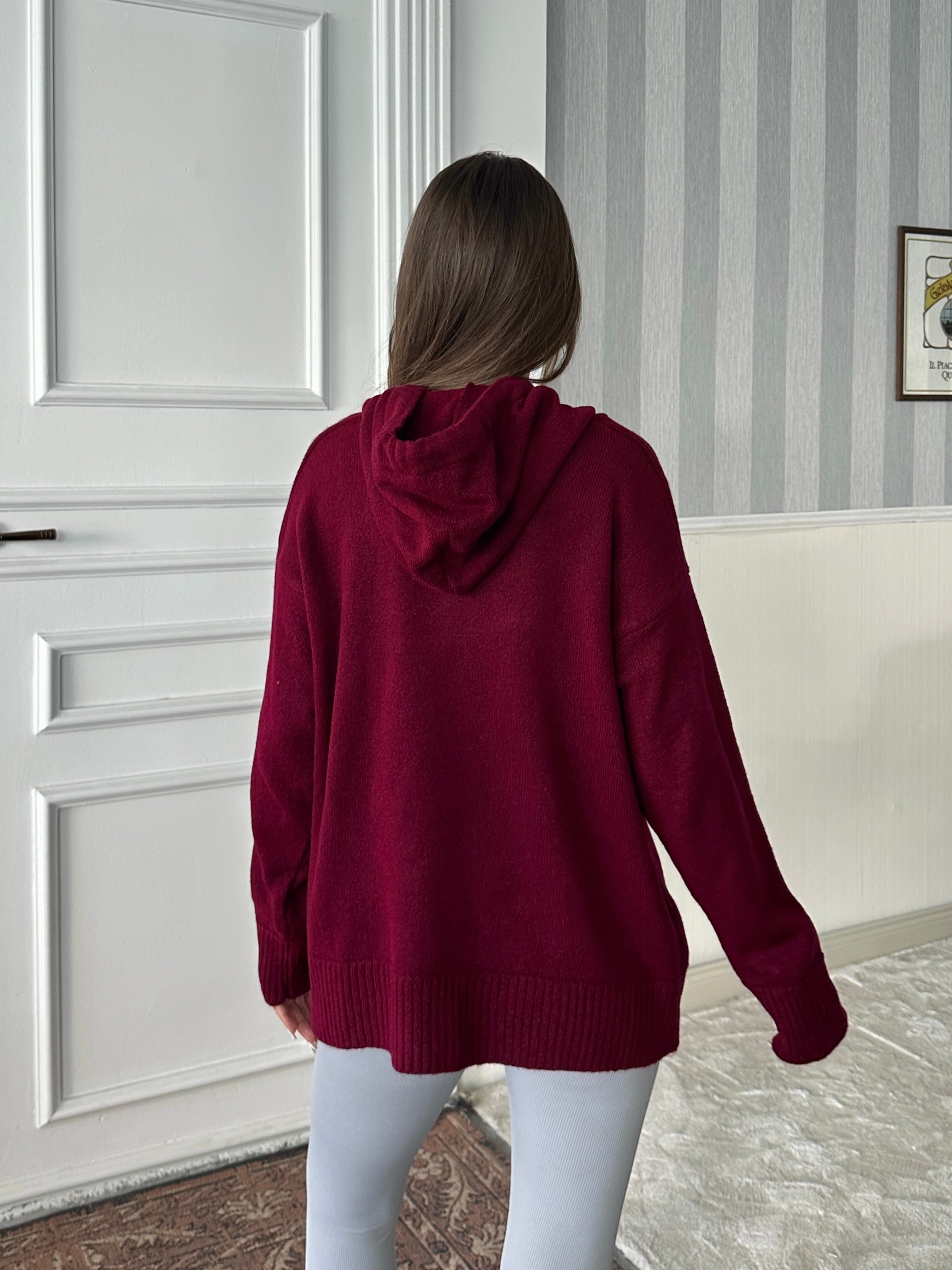 Kapüşonlu Butter Triko - Bordo