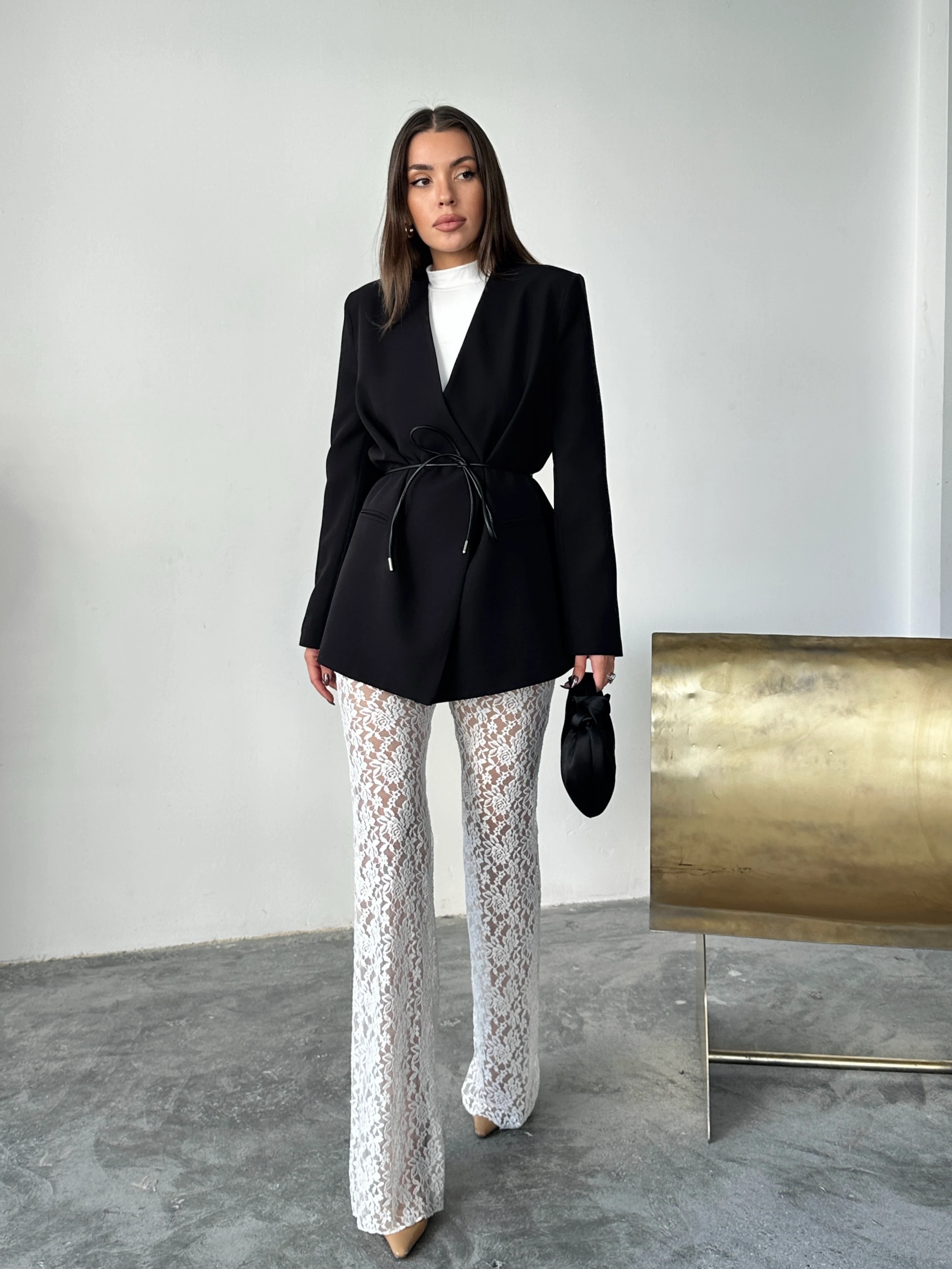 Deri Kemerli Blazer Ceket - Siyah