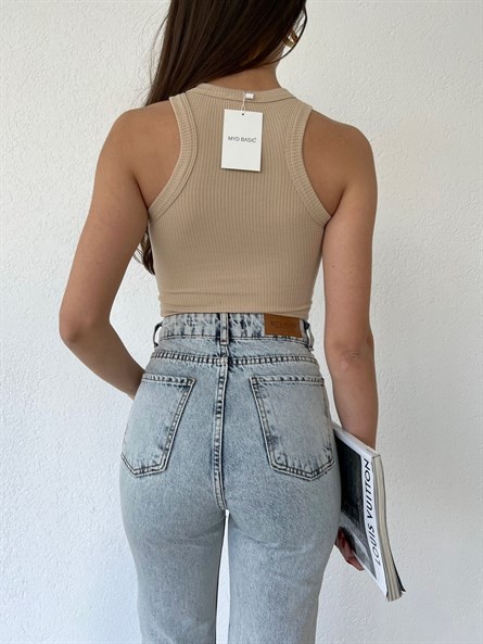 Halter Yaka Fitilli Croptop Bej