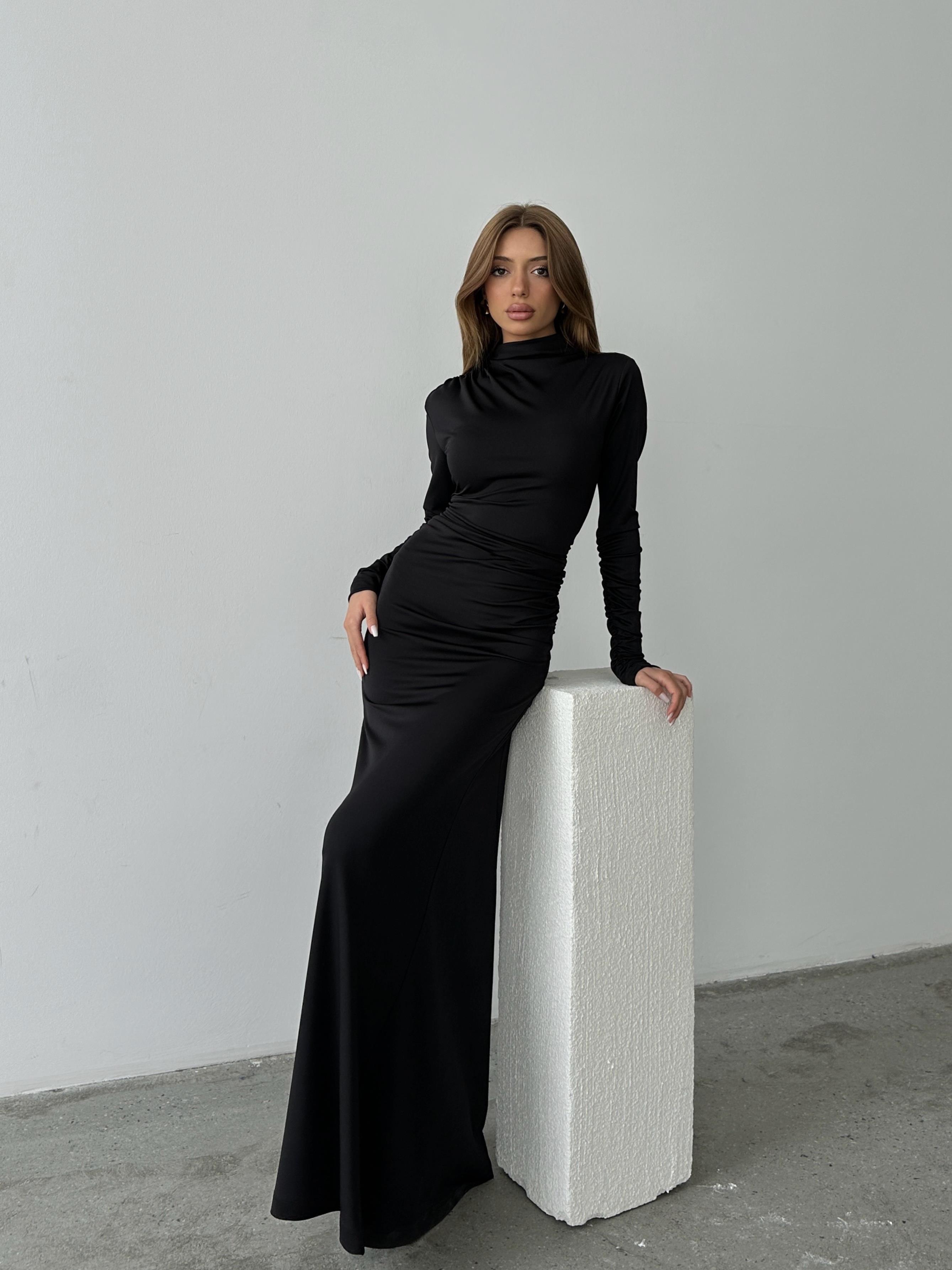 Drape Balıkçı Elbise Siyah