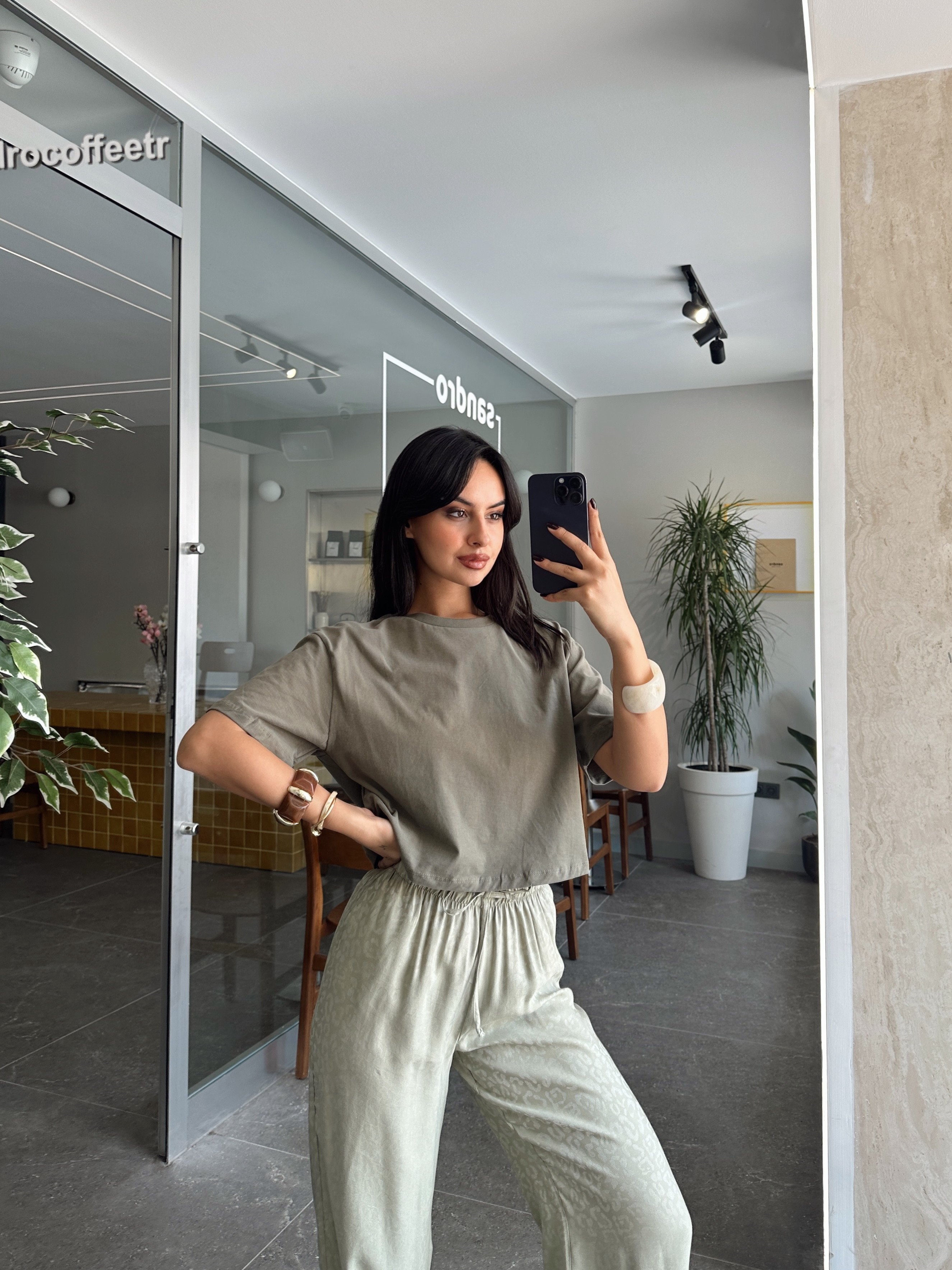 Düz Kısa Kol Crop Basic - Haki