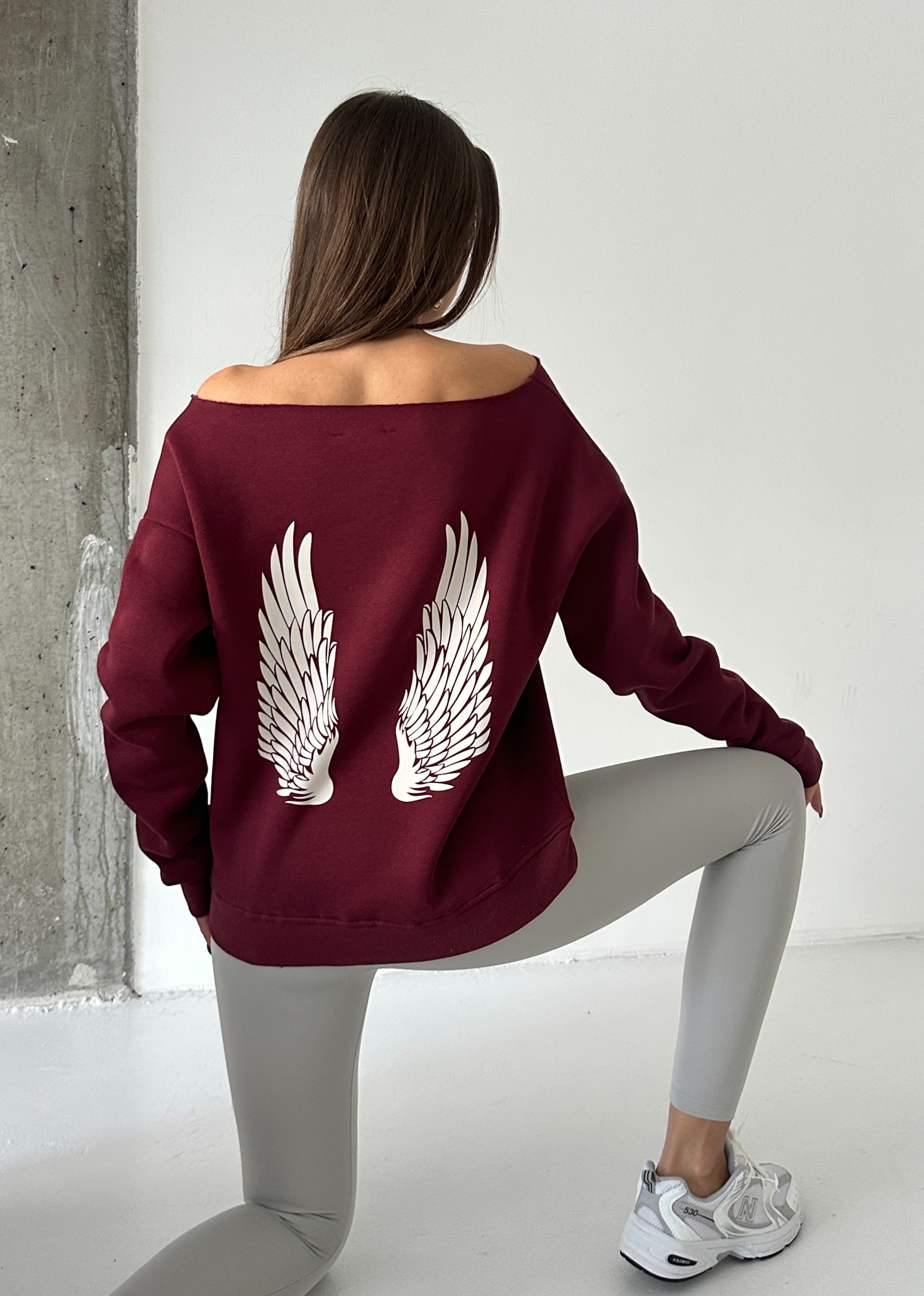 Angel Nakışlı Kayık Yaka Sweat - Bordo