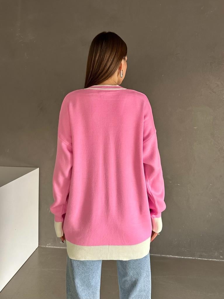 Cepli Oversize Triko Hırka Pembe