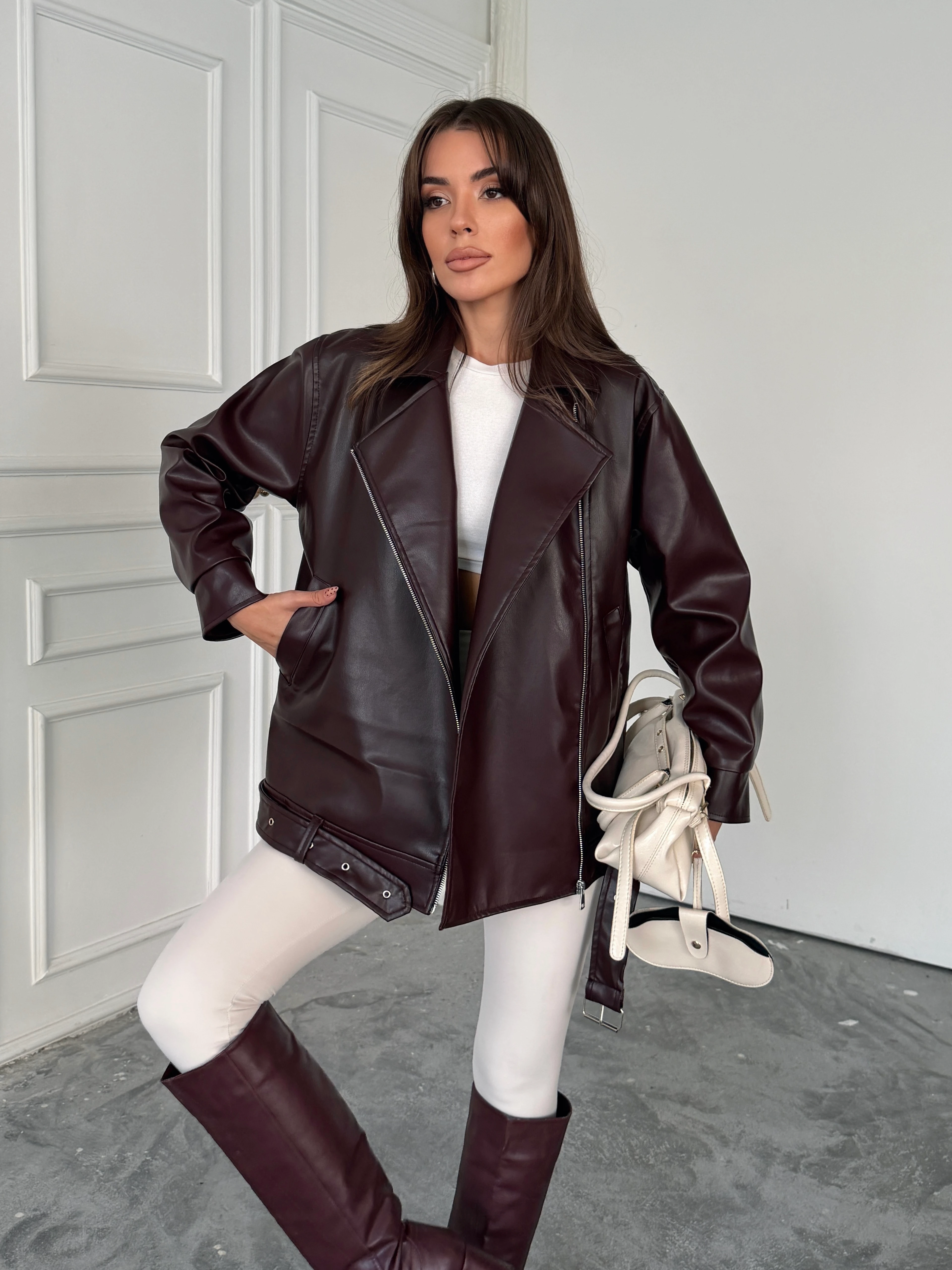 Kemerli Oversize Deri Ceket  - Bordo