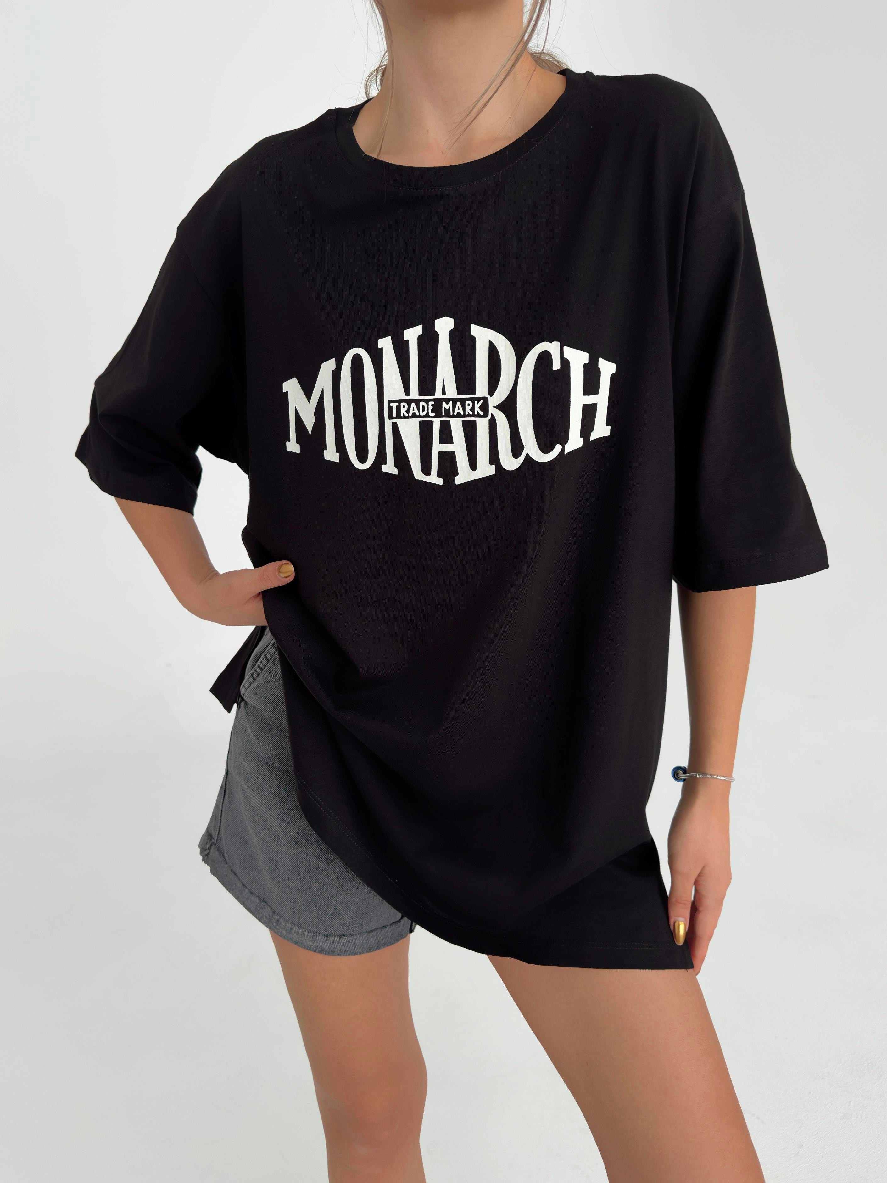 Yan Yırtmaç Oversize Monarch T-shirt Siyah