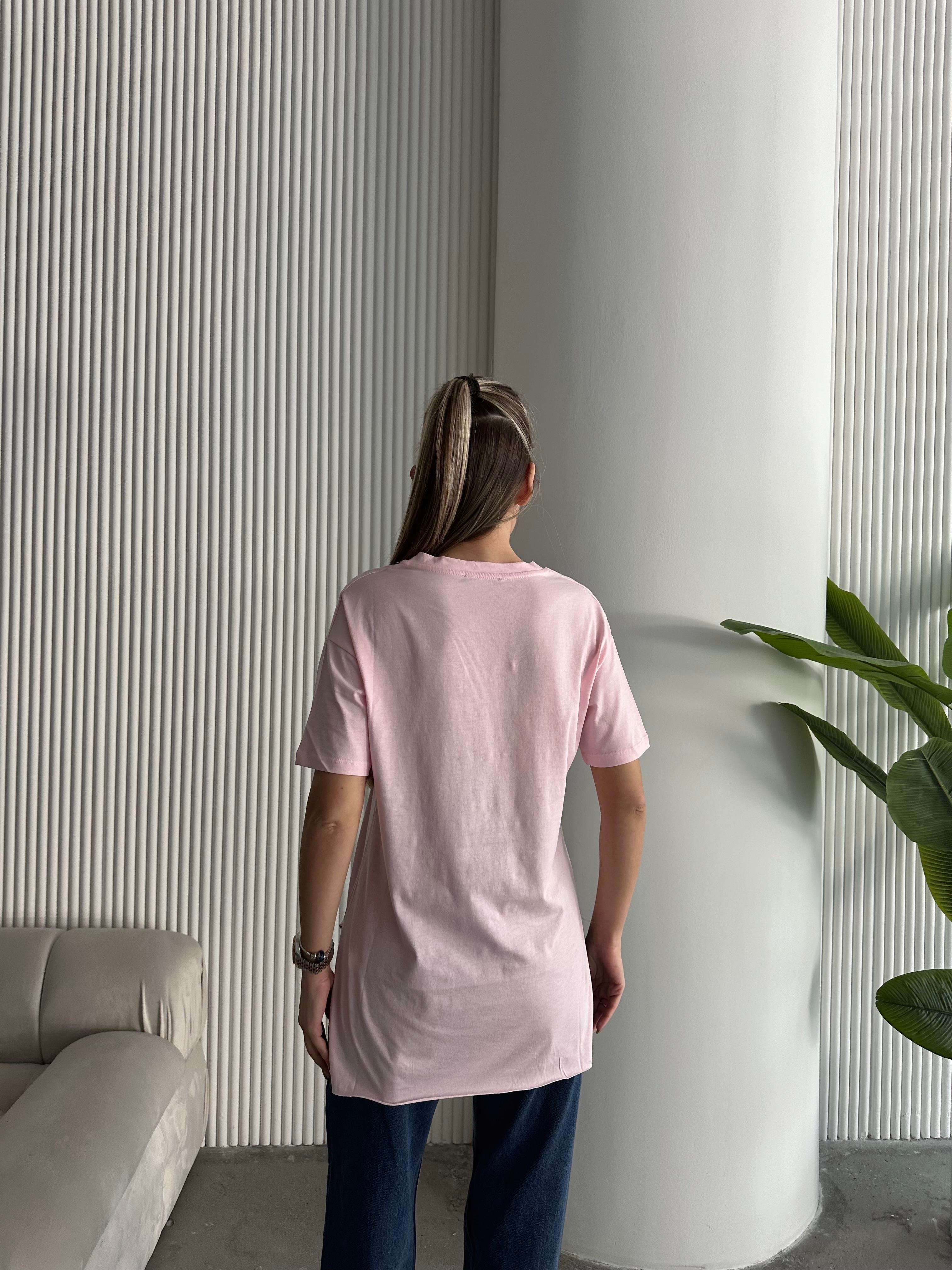 V Yaka Yan Yırtmaç Oversize Basic Pembe