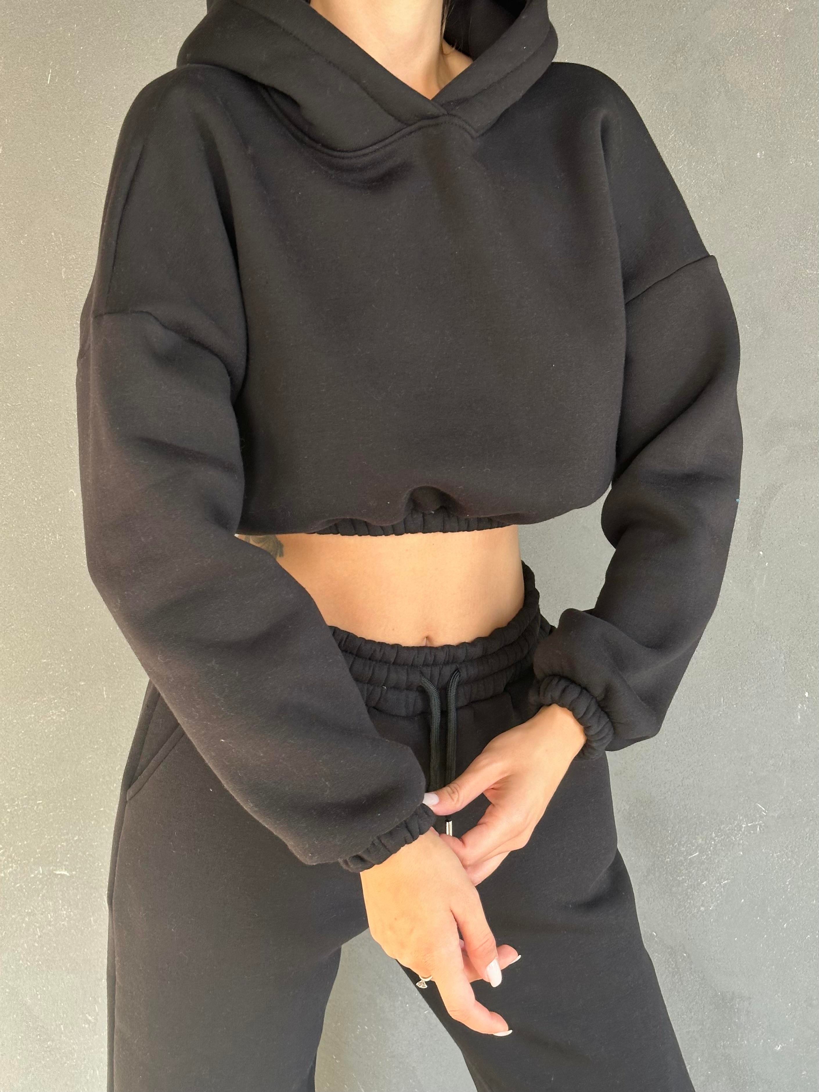 Kapüşonlu Crop Sweat Jogger Eşofman Takım Siyah