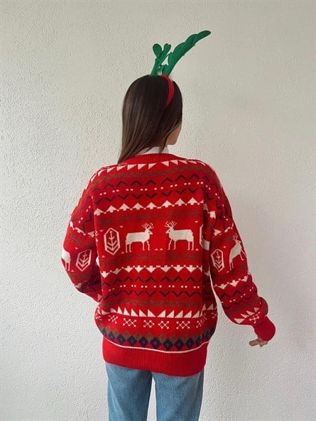 Christmas Çoklu Desen Geyikli Triko Hırka Kırmızı