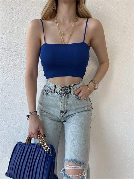 Kare Yaka İnce Askı Triko Bluz Saks Mavi
