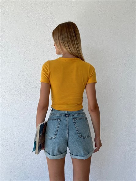 Transparan Korse Detay Basic Bluz Hardal