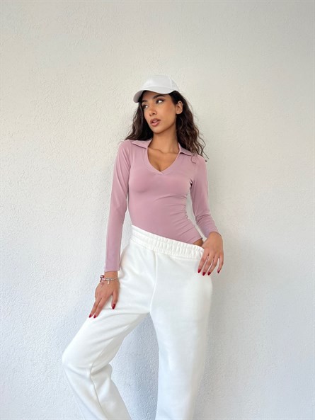 Polo Yaka Sandy Bodysuit Gül Kurusu