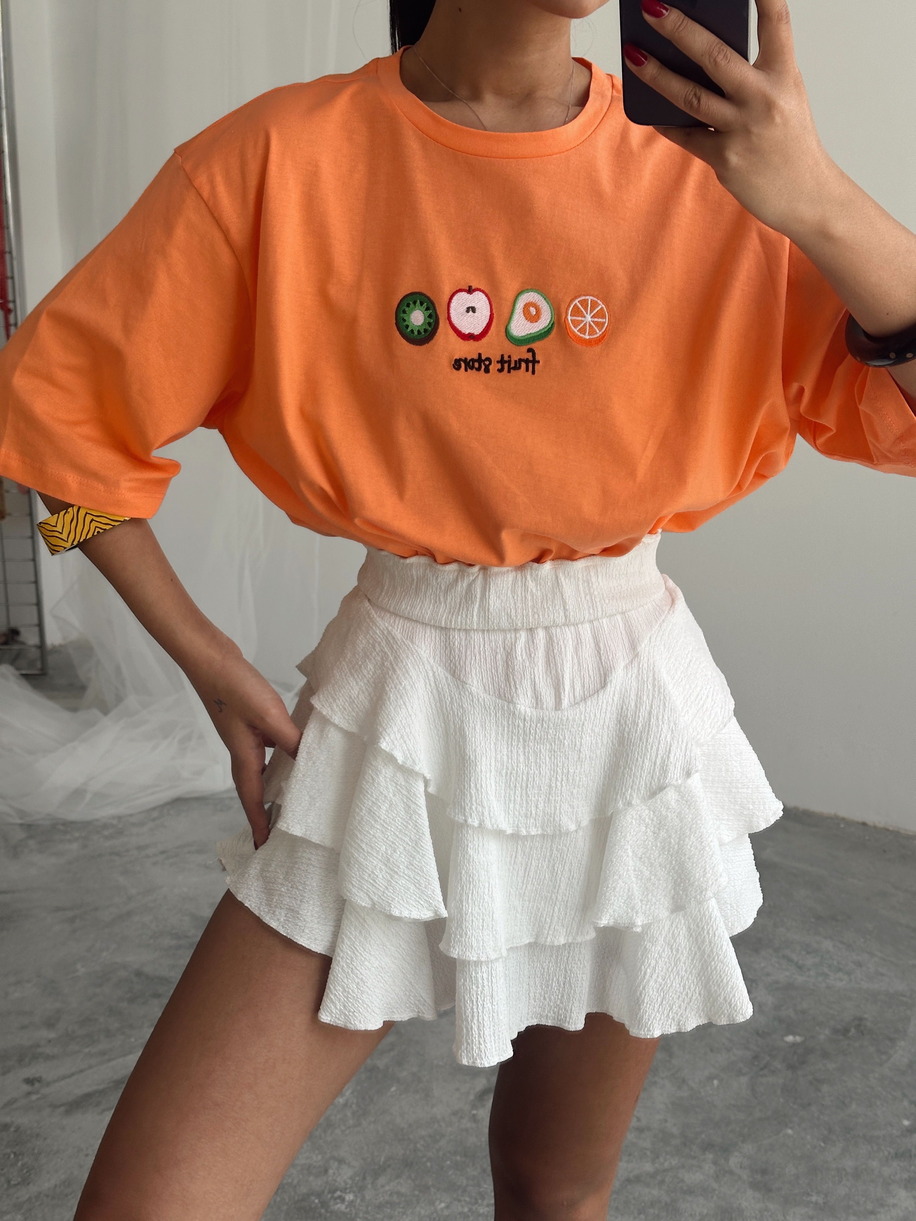Fruit Nakış Basic T-shirt Turuncu