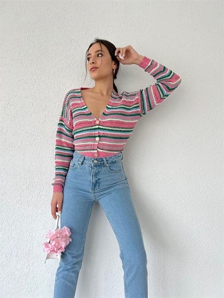 3 Düğme Renkli Örgü Hırka Pembe-Mavi