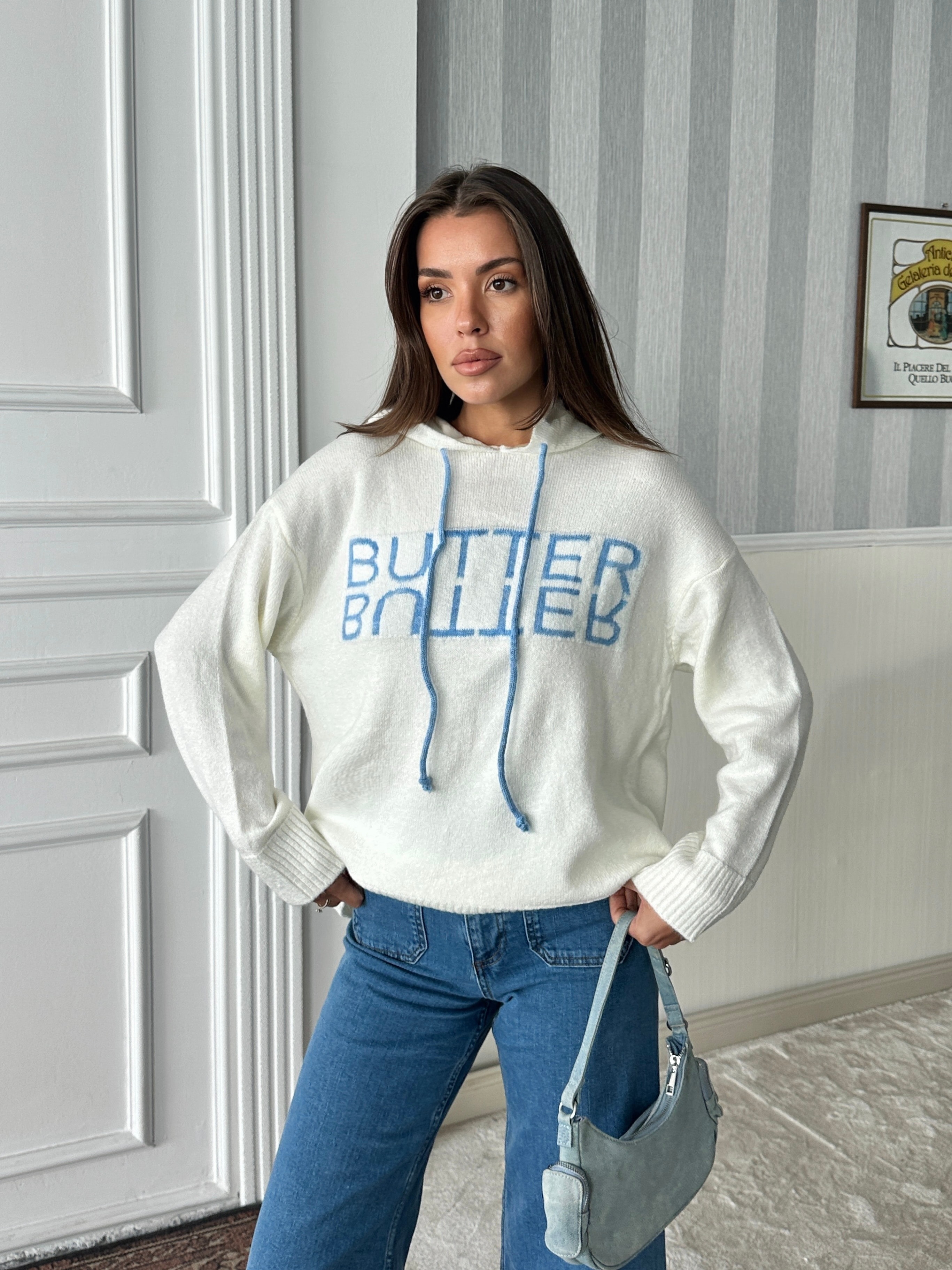 Kapüşonlu Butter Triko - Beyaz