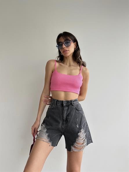 Bel Fırfır Fitilli Triko Bluz Pembe
