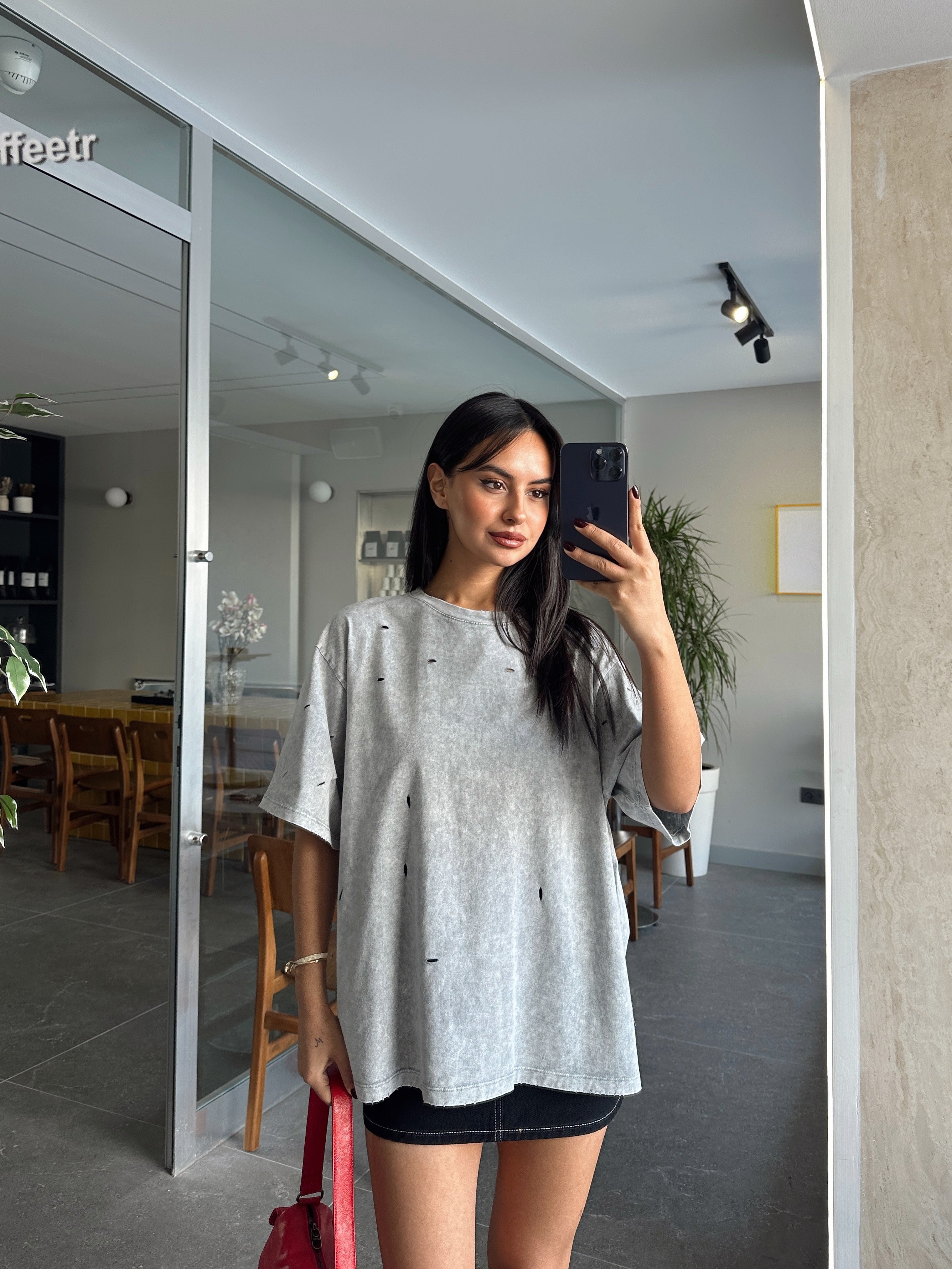 Delikli Yıkama T-shirt - Gri