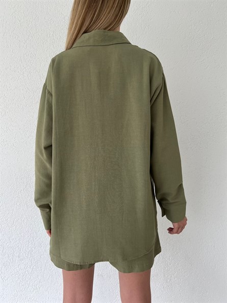 Valeria Oversize Keten Gömlek Haki Yeşil
