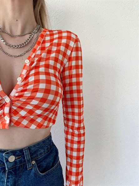 Pitikare Düğmeli Crop Bluz Oranj