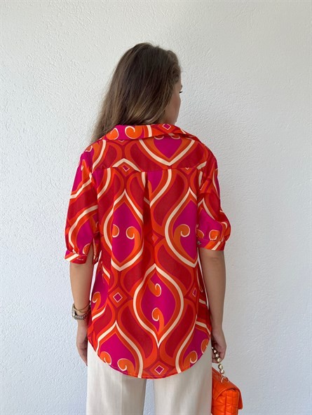 Karpuz Kol Desenli Vintage Gömlek Oranj
