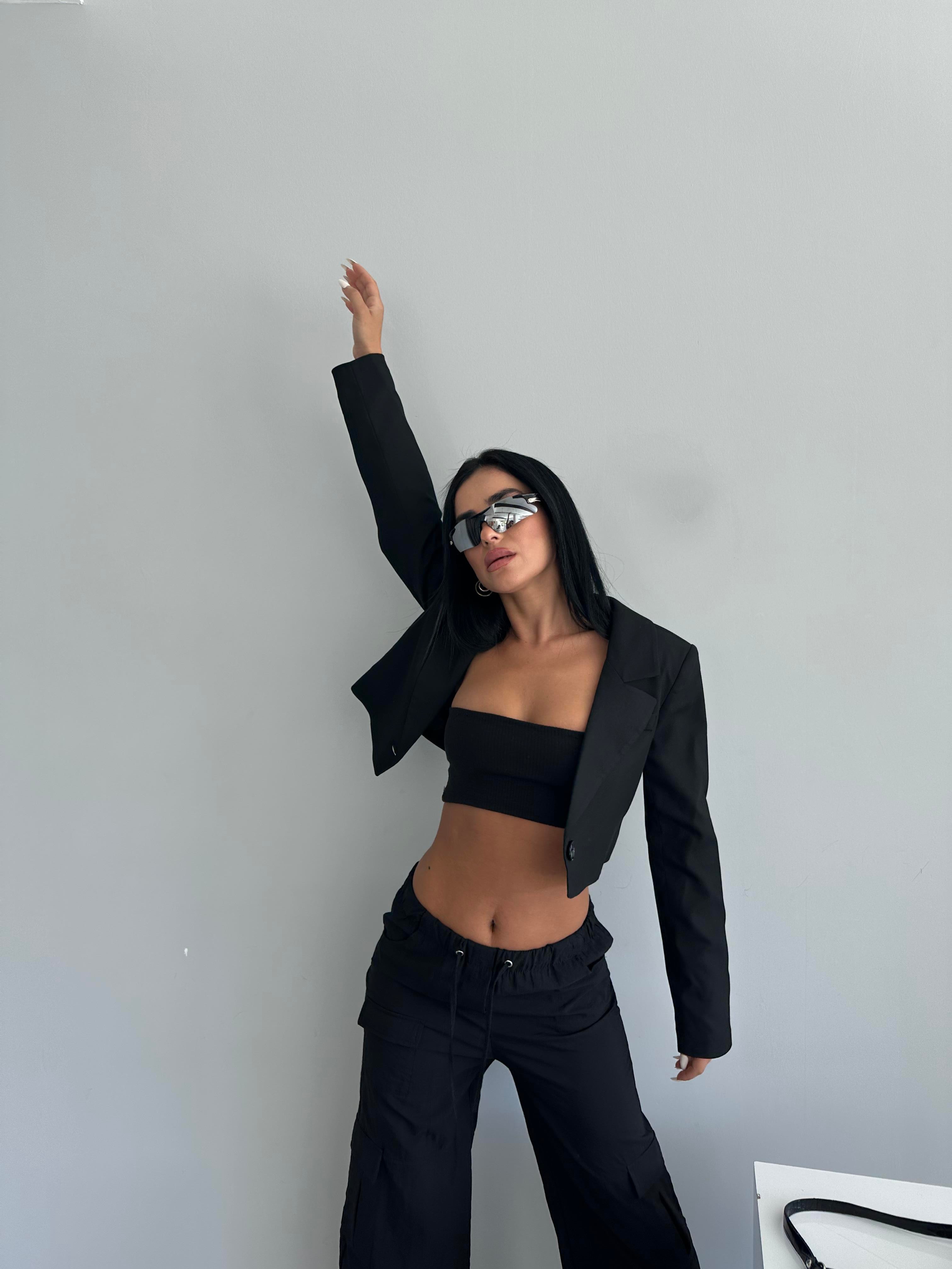 Tek Düğme Crop Blazer Siyah